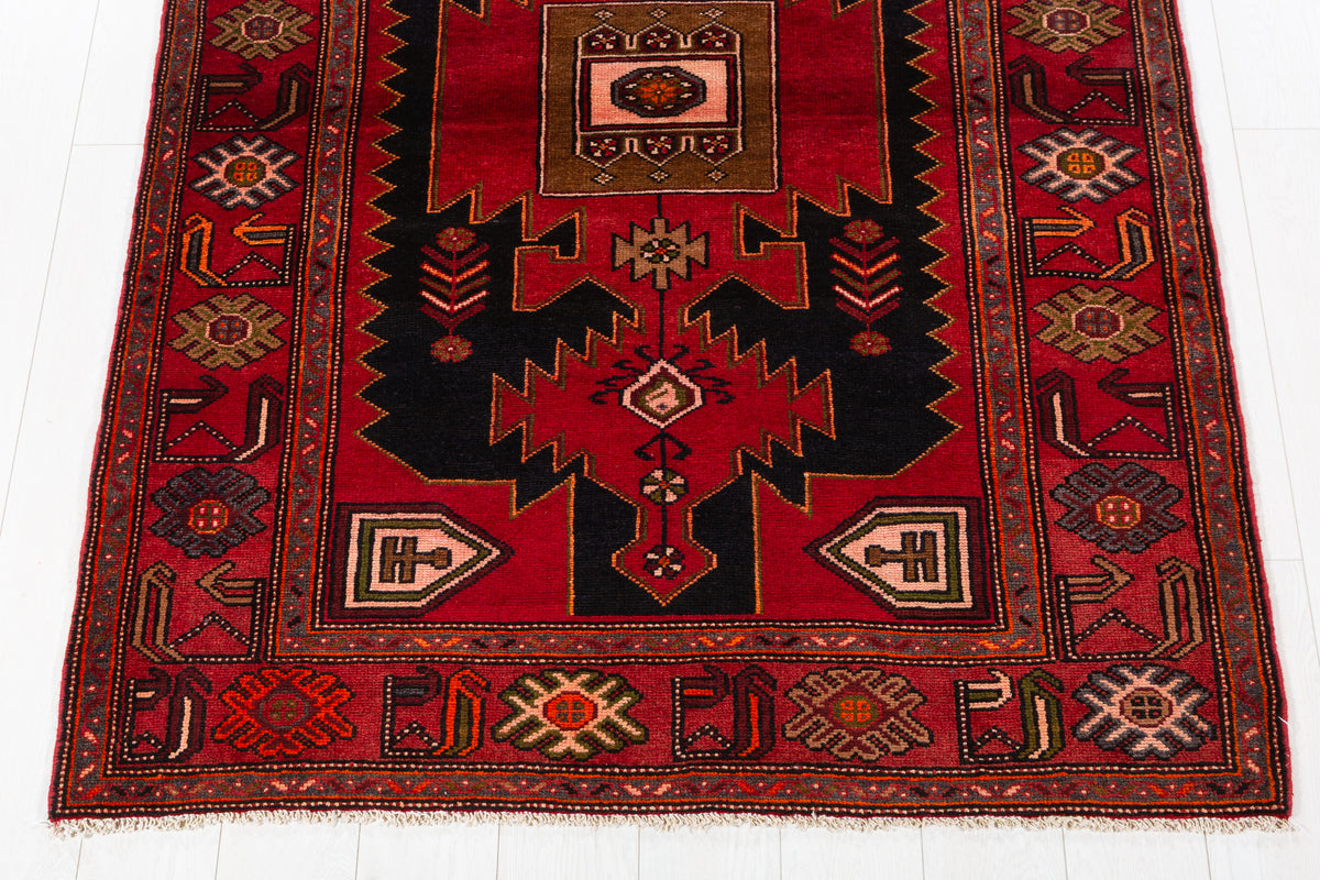 Collectible Vintage Red, Intense Deep Navy Blue Geometric Medallion Area Rug – 6' 4" x 4' 4" (193 x 131 cm)