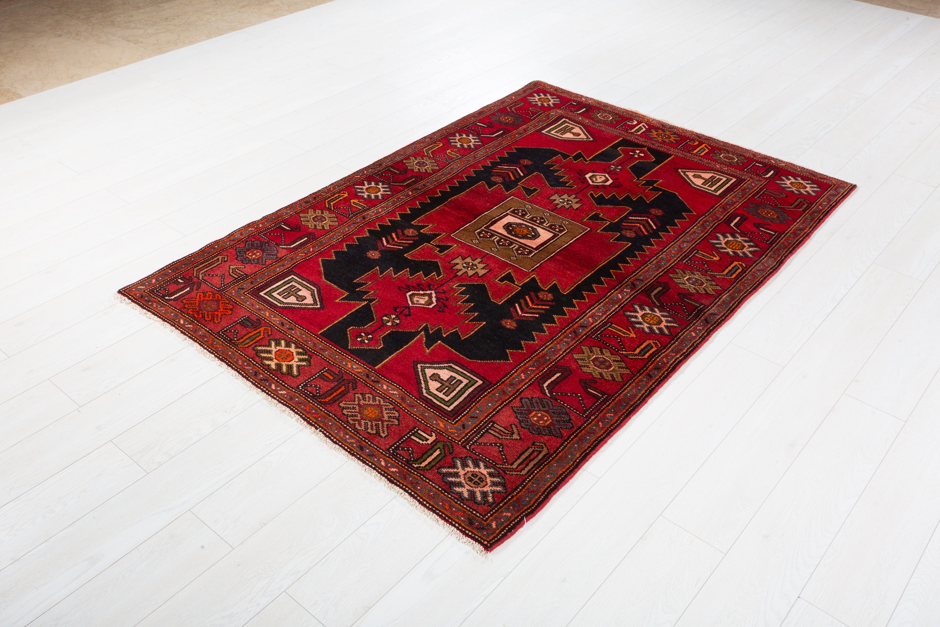Collectible Vintage Red, Intense Deep Navy Blue Geometric Medallion Area Rug – 6' 4" x 4' 4" (193 x 131 cm)