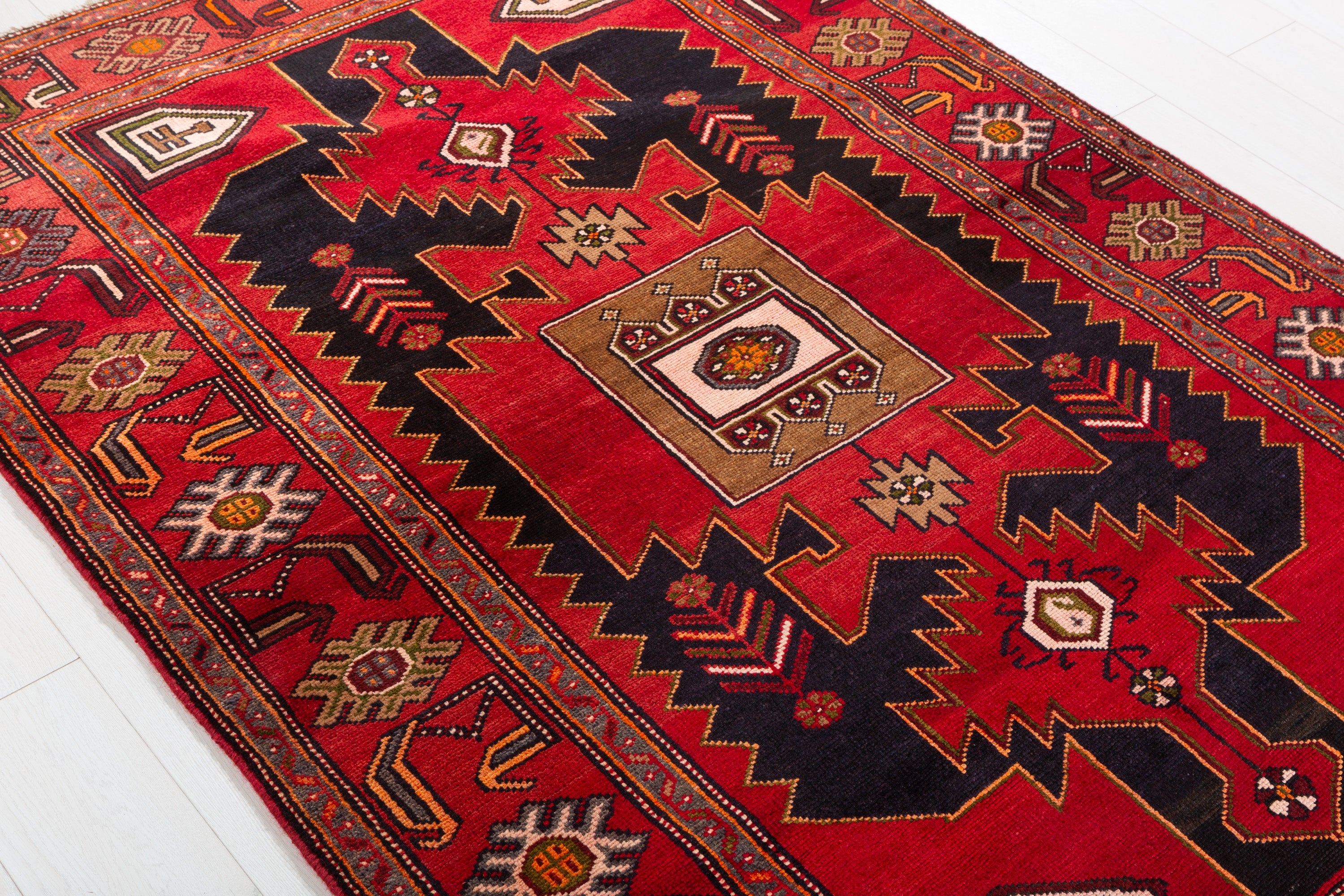Collectible Vintage Red, Intense Deep Navy Blue Geometric Medallion Area Rug – 6' 4" x 4' 4" (193 x 131 cm)