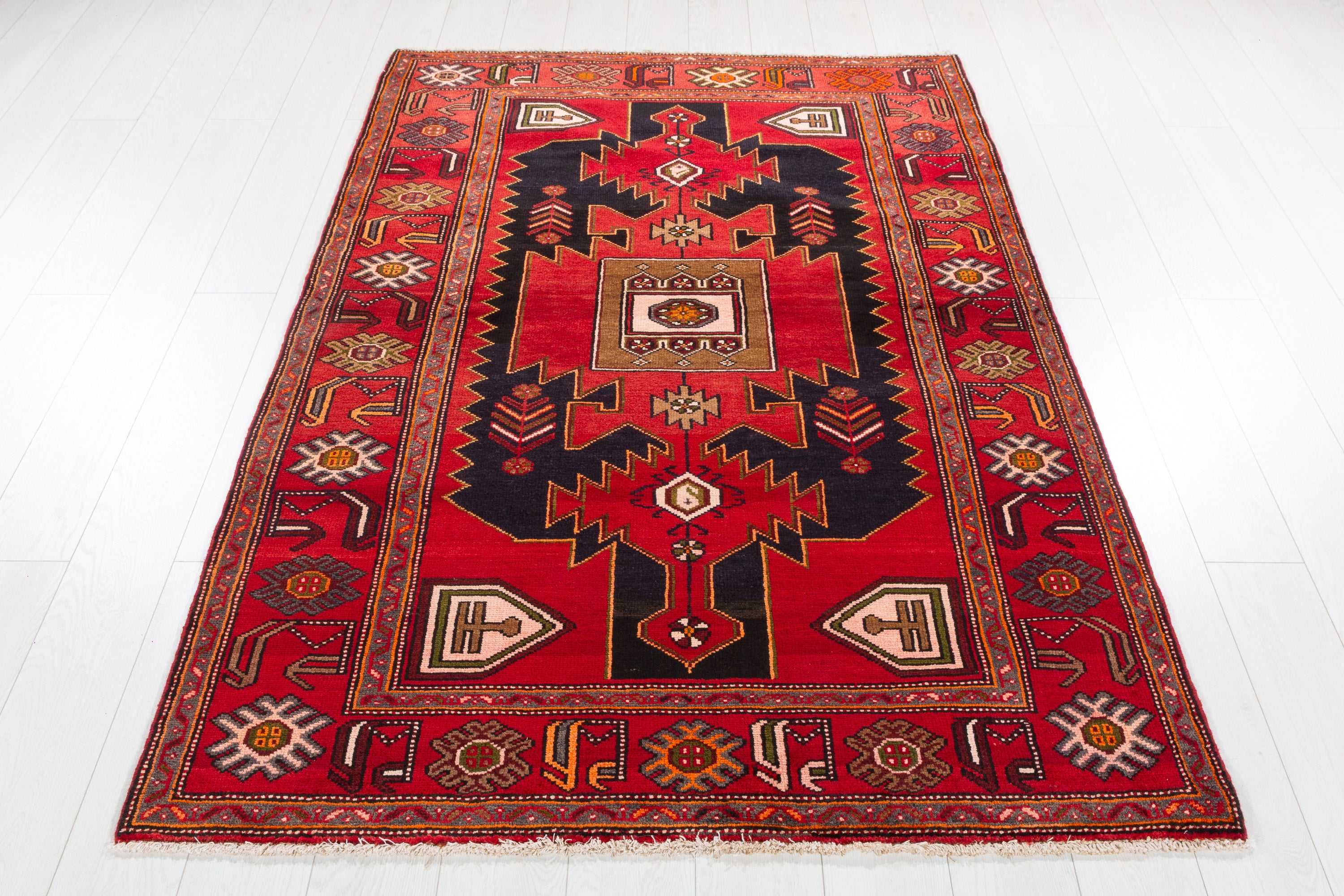 Collectible Vintage Red, Intense Deep Navy Blue Geometric Medallion Area Rug – 6' 4" x 4' 4" (193 x 131 cm)