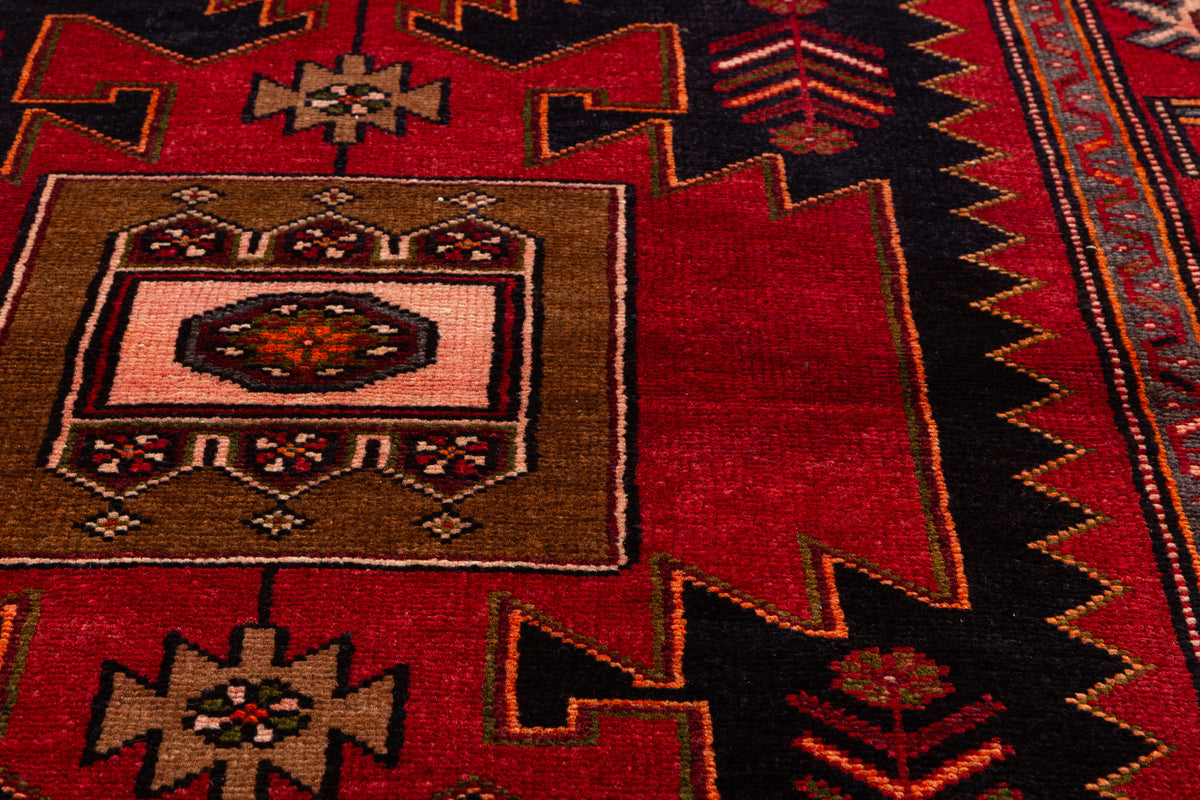 Collectible Vintage Red, Intense Deep Navy Blue Geometric Medallion Area Rug – 6' 4" x 4' 4" (193 x 131 cm)
