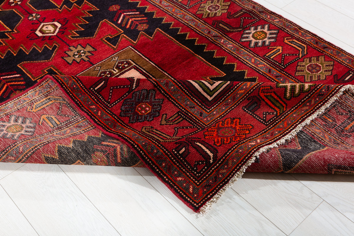 Collectible Vintage Red, Intense Deep Navy Blue Geometric Medallion Area Rug – 6' 4" x 4' 4" (193 x 131 cm)