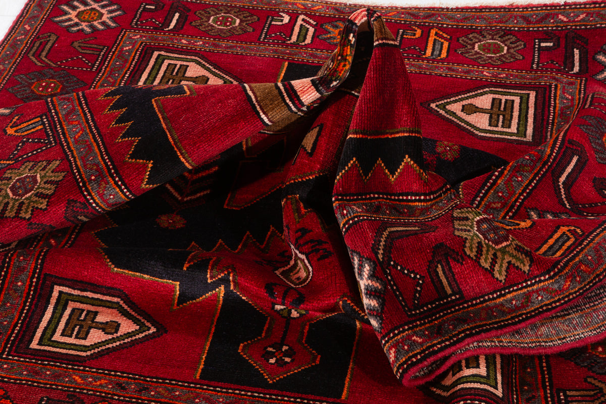 Collectible Vintage Red, Intense Deep Navy Blue Geometric Medallion Area Rug – 6' 4" x 4' 4" (193 x 131 cm)