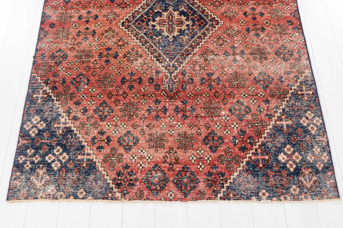Vintage Faded Red, Navy Blue Allover Floral Area Rug – 7' 5" x 5' 0" (226 x 152 cm)