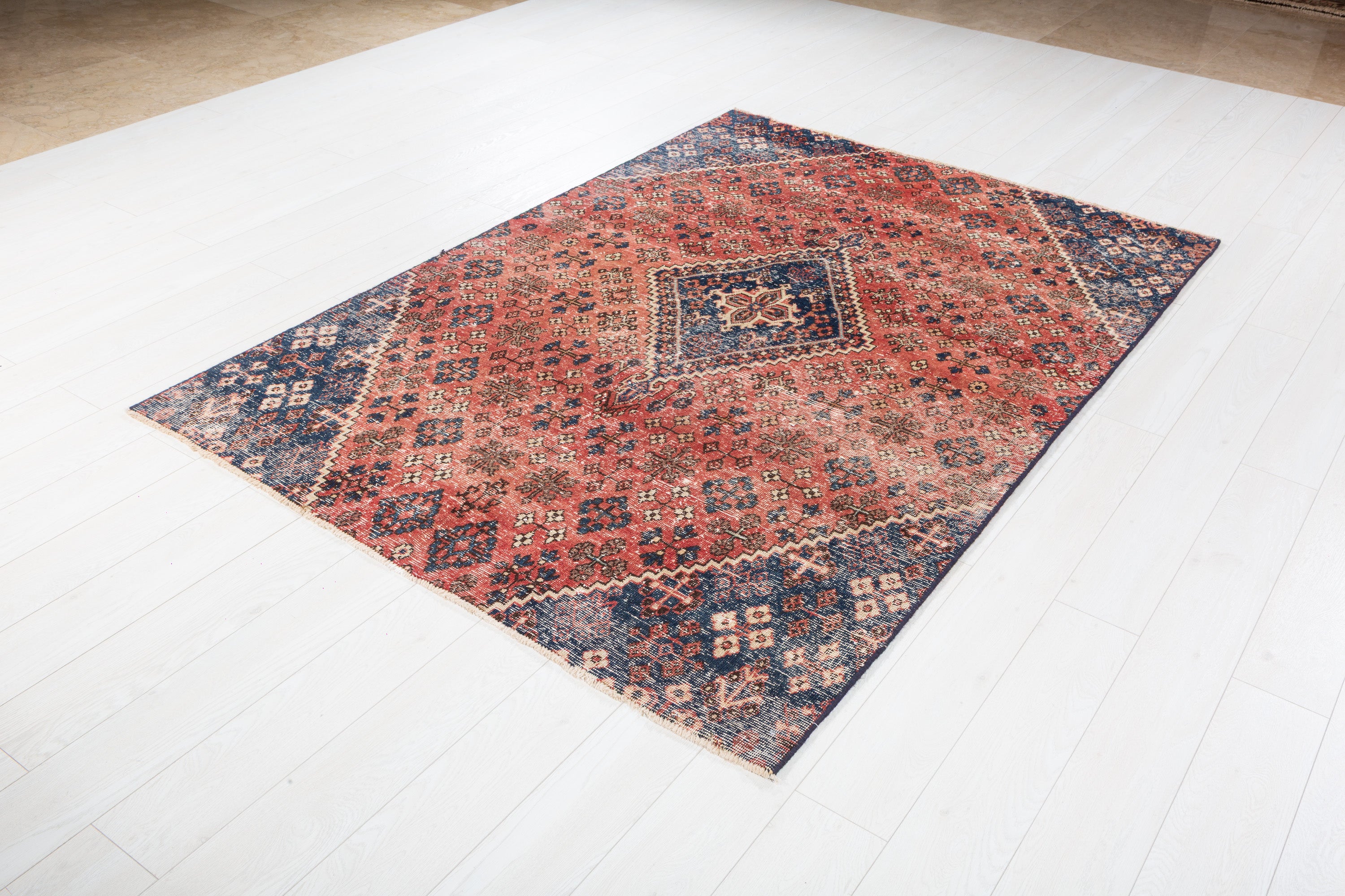 Vintage Faded Red, Navy Blue Allover Floral Area Rug – 7' 5" x 5' 0" (226 x 152 cm)