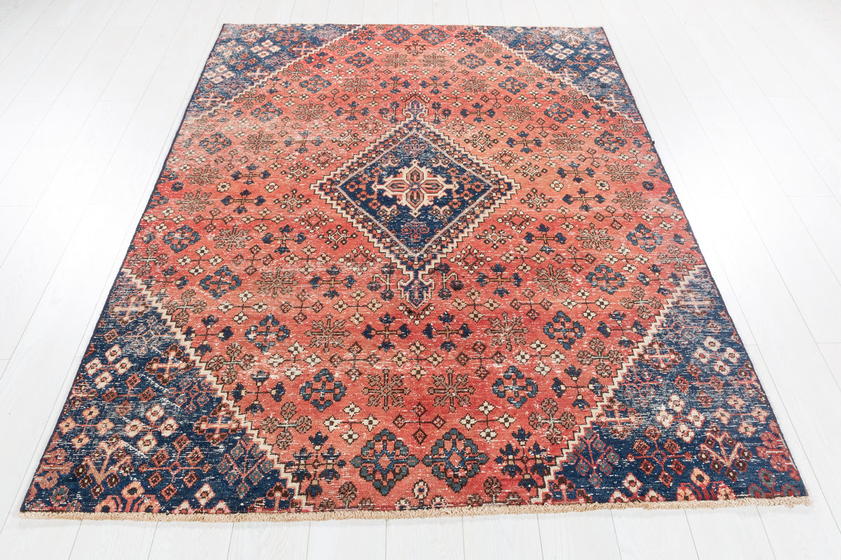 Vintage Faded Red, Navy Blue Allover Floral Area Rug – 7' 5" x 5' 0" (226 x 152 cm)