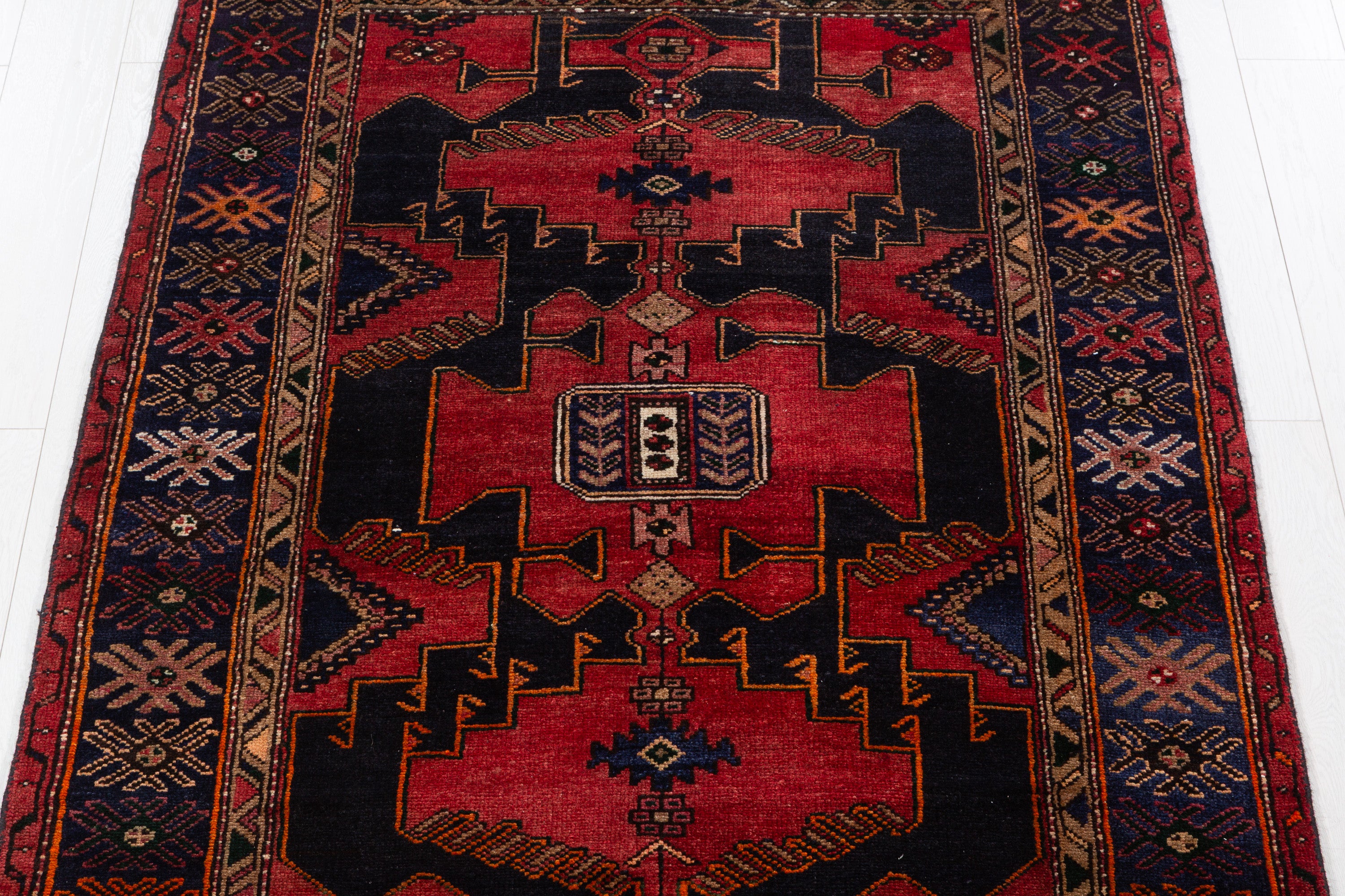 Collectible Vintage Red, Deep Navy Blue Triple Medallion Area Rug – 6' 2" x 4' 4" (189 x 132 cm)