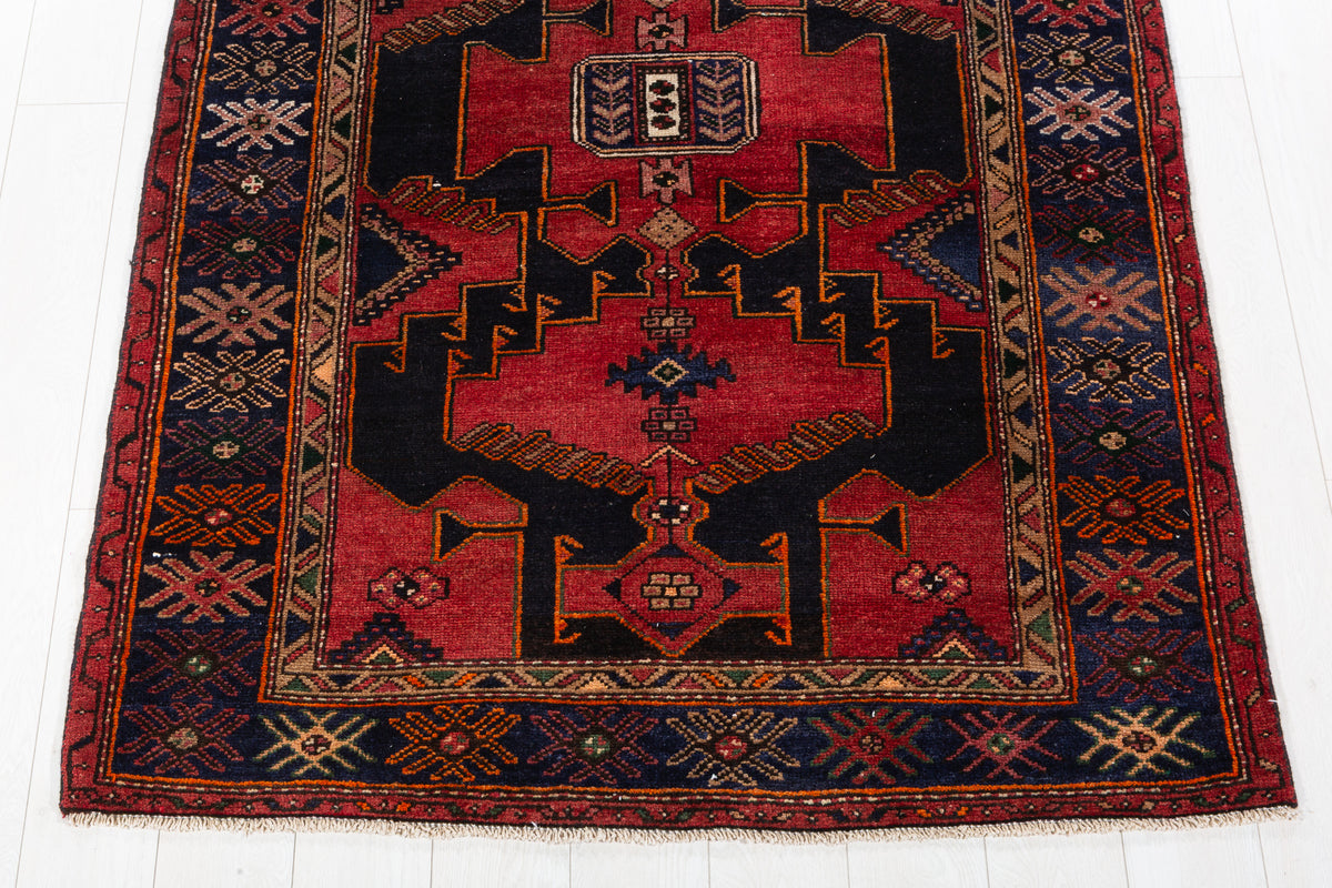 Collectible Vintage Red, Deep Navy Blue Triple Medallion Area Rug – 6' 2" x 4' 4" (189 x 132 cm)