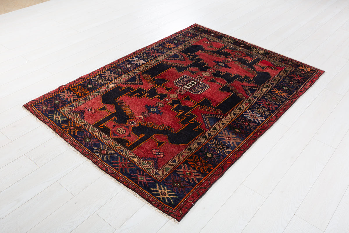 Collectible Vintage Red, Deep Navy Blue Triple Medallion Area Rug – 6' 2" x 4' 4" (189 x 132 cm)