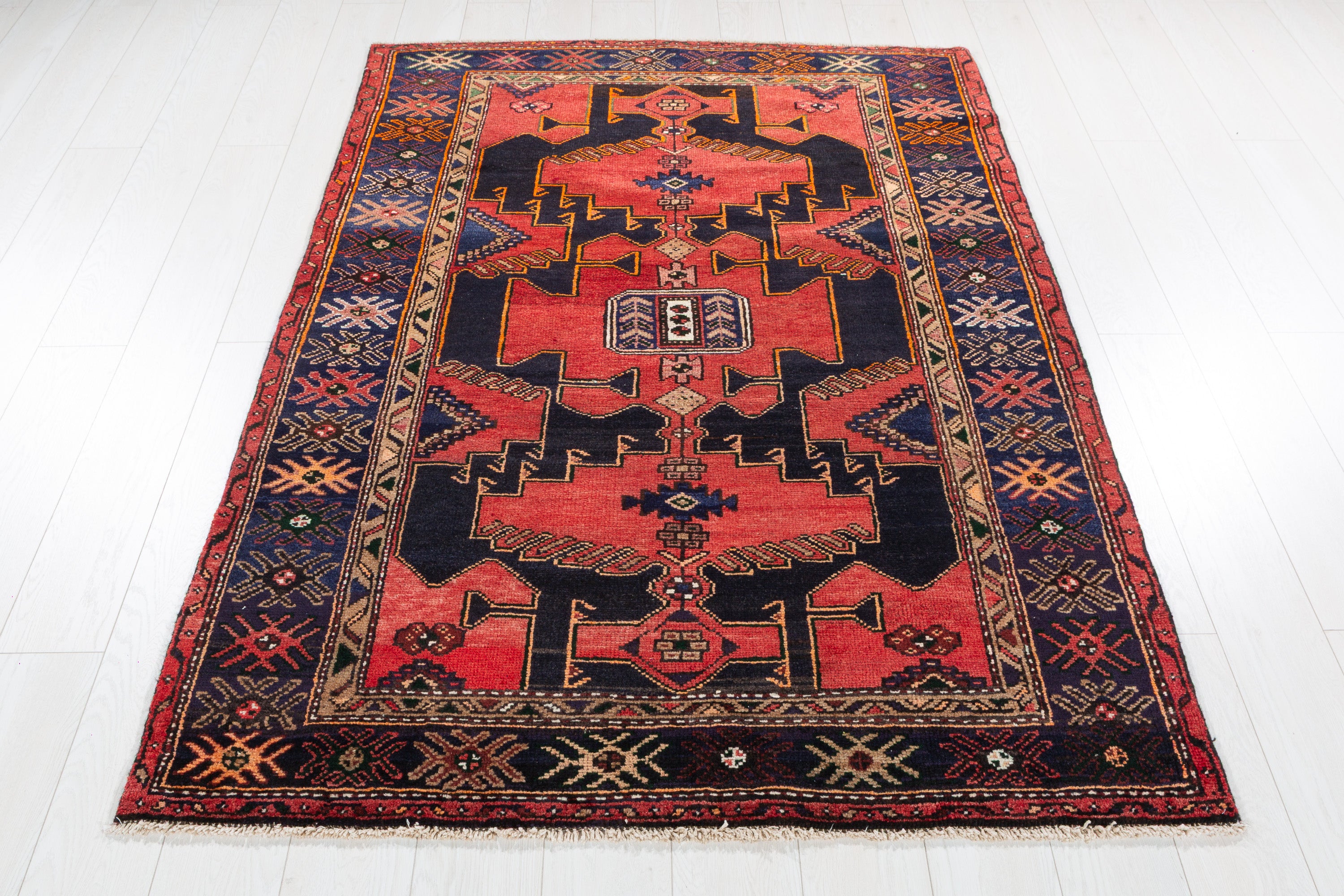Collectible Vintage Red, Deep Navy Blue Triple Medallion Area Rug – 6' 2" x 4' 4" (189 x 132 cm)
