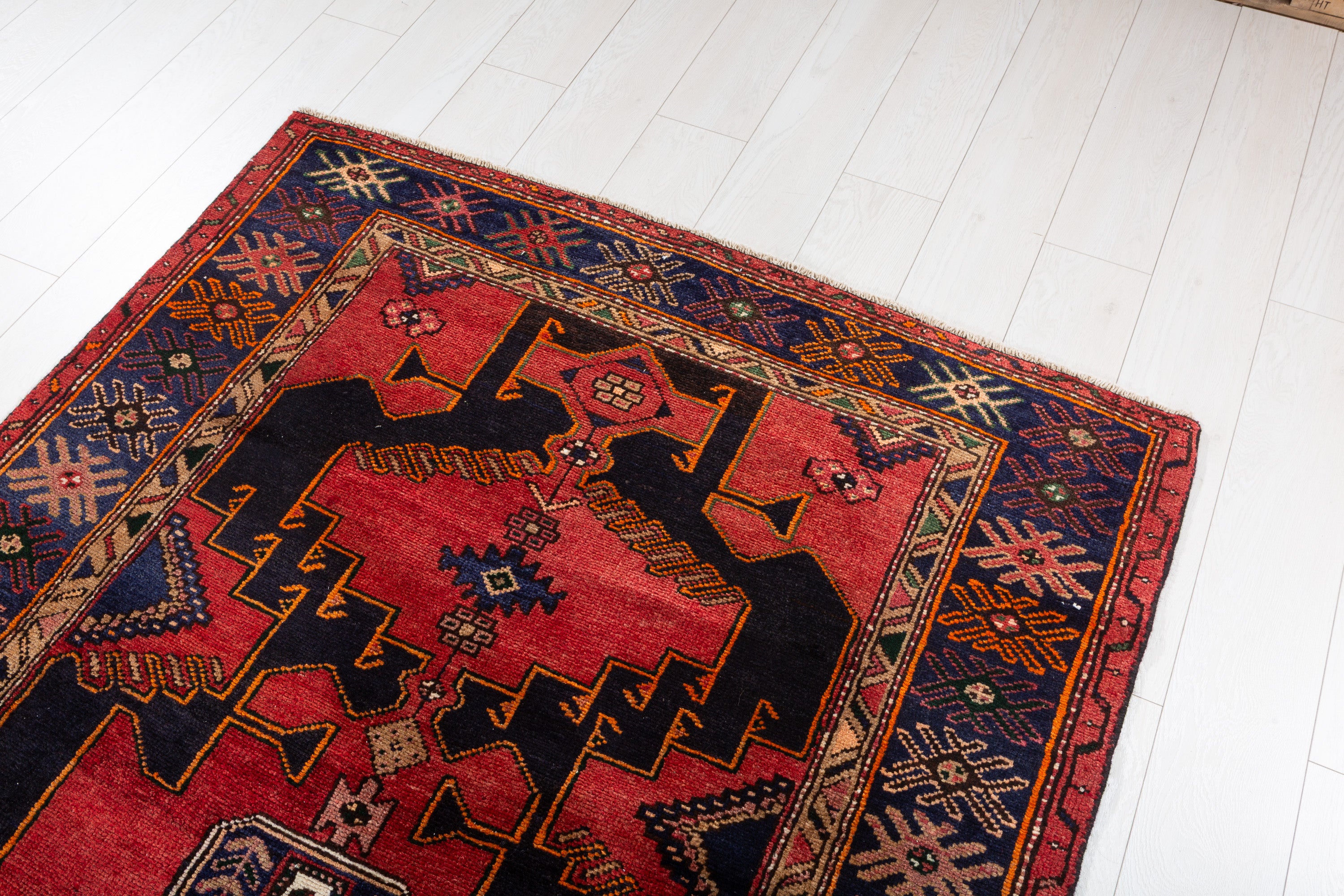 Collectible Vintage Red, Deep Navy Blue Triple Medallion Area Rug – 6' 2" x 4' 4" (189 x 132 cm)