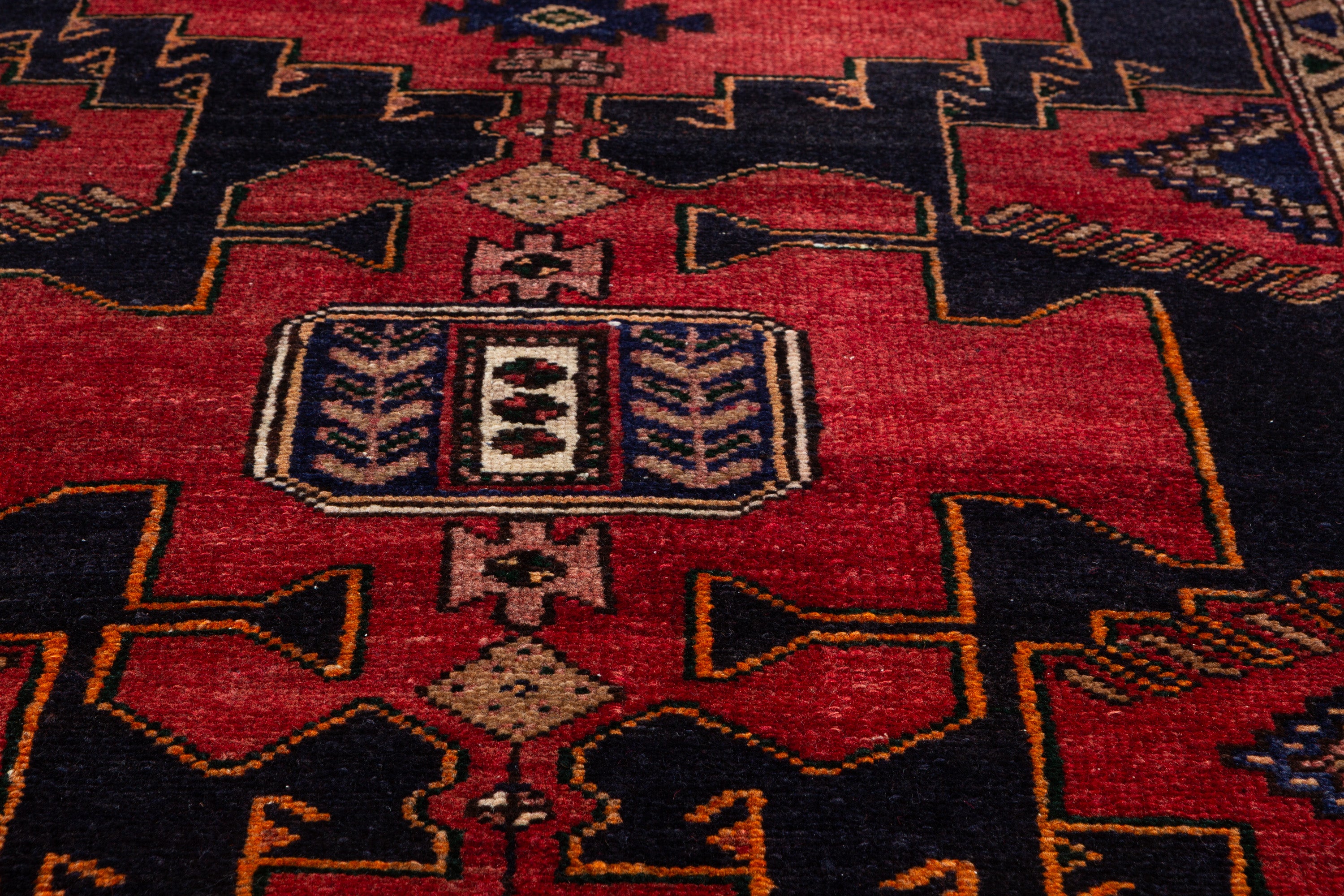 Collectible Vintage Red, Deep Navy Blue Triple Medallion Area Rug – 6' 2" x 4' 4" (189 x 132 cm)