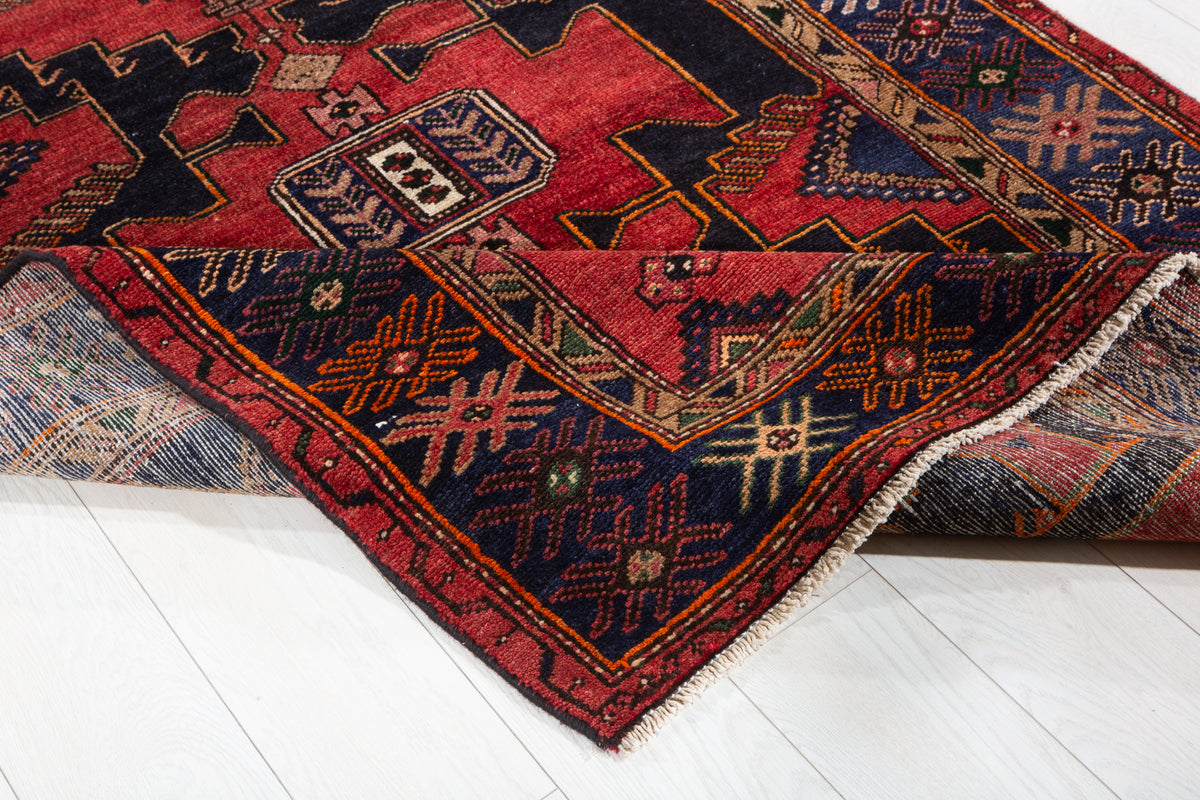 Collectible Vintage Red, Deep Navy Blue Triple Medallion Area Rug – 6' 2" x 4' 4" (189 x 132 cm)