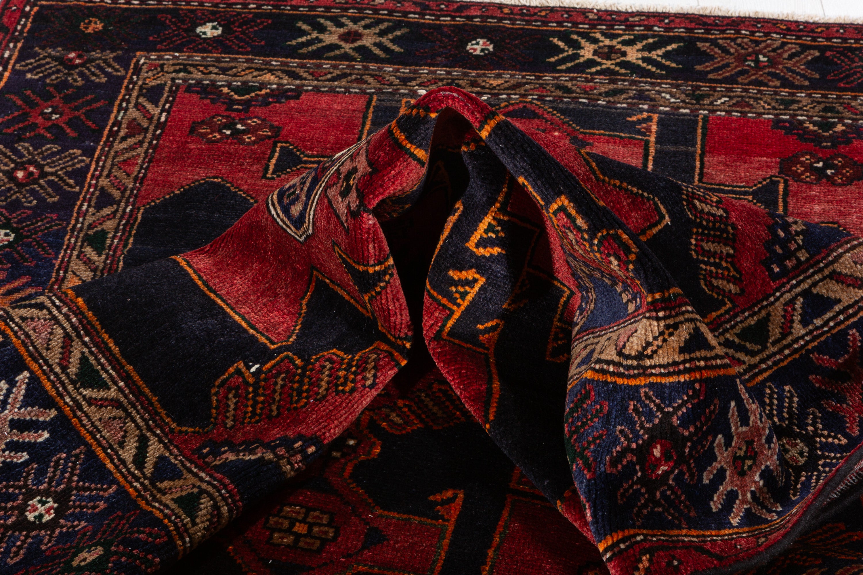 Collectible Vintage Red, Deep Navy Blue Triple Medallion Area Rug – 6' 2" x 4' 4" (189 x 132 cm)