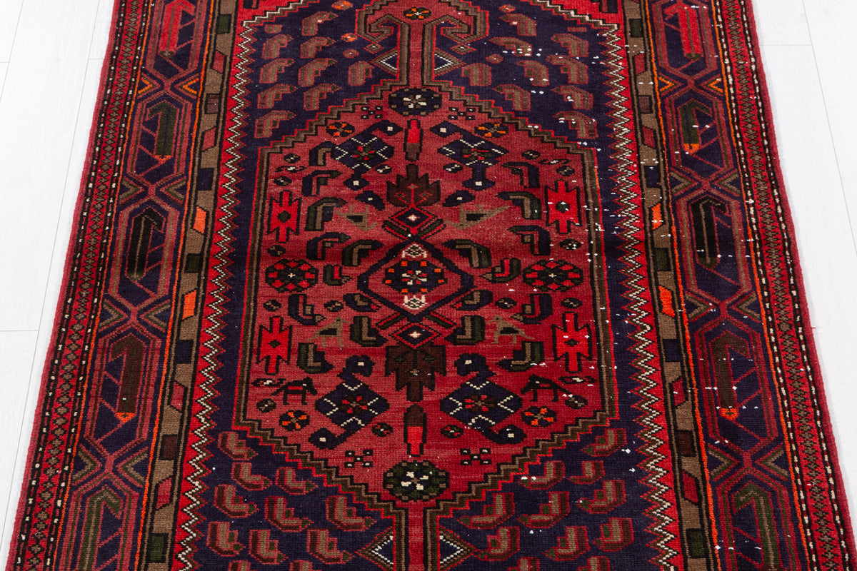 Vintage Rust Red, Navy Blue Allover Geometric Area Rug – 6' 8" x 3' 11" (202 x 119 cm)