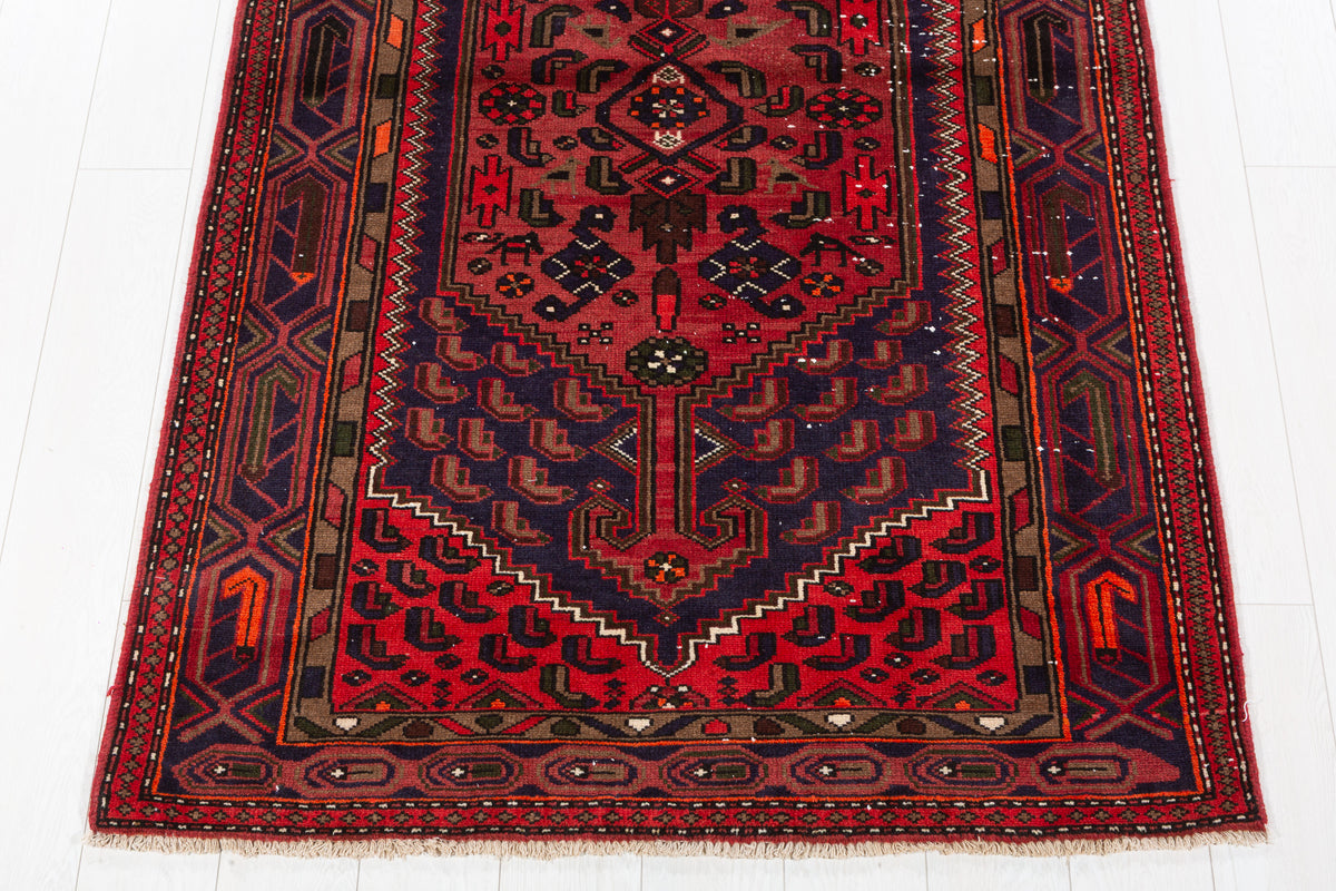 Vintage Rust Red, Navy Blue Allover Geometric Area Rug – 6' 8" x 3' 11" (202 x 119 cm)