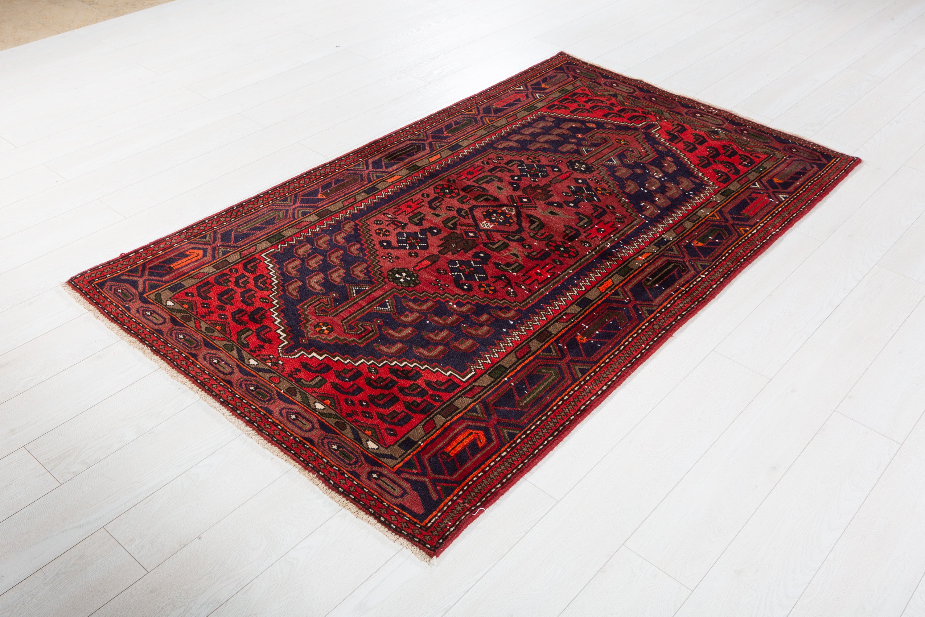 Vintage Rust Red, Navy Blue Allover Geometric Area Rug – 6' 8" x 3' 11" (202 x 119 cm)
