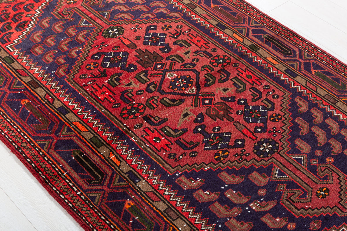 Vintage Rust Red, Navy Blue Allover Geometric Area Rug – 6' 8" x 3' 11" (202 x 119 cm)
