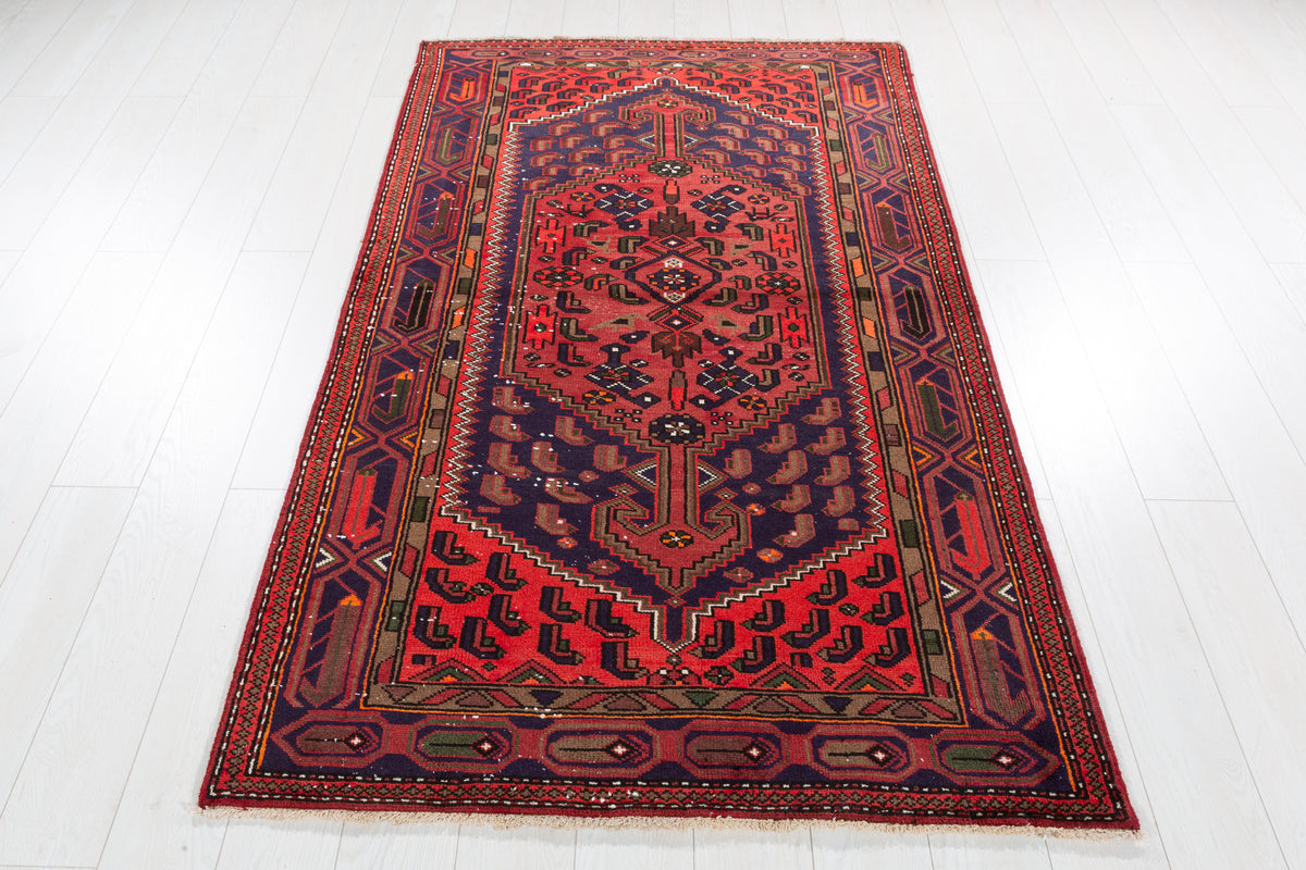 Vintage Rust Red, Navy Blue Allover Geometric Area Rug – 6' 8" x 3' 11" (202 x 119 cm)