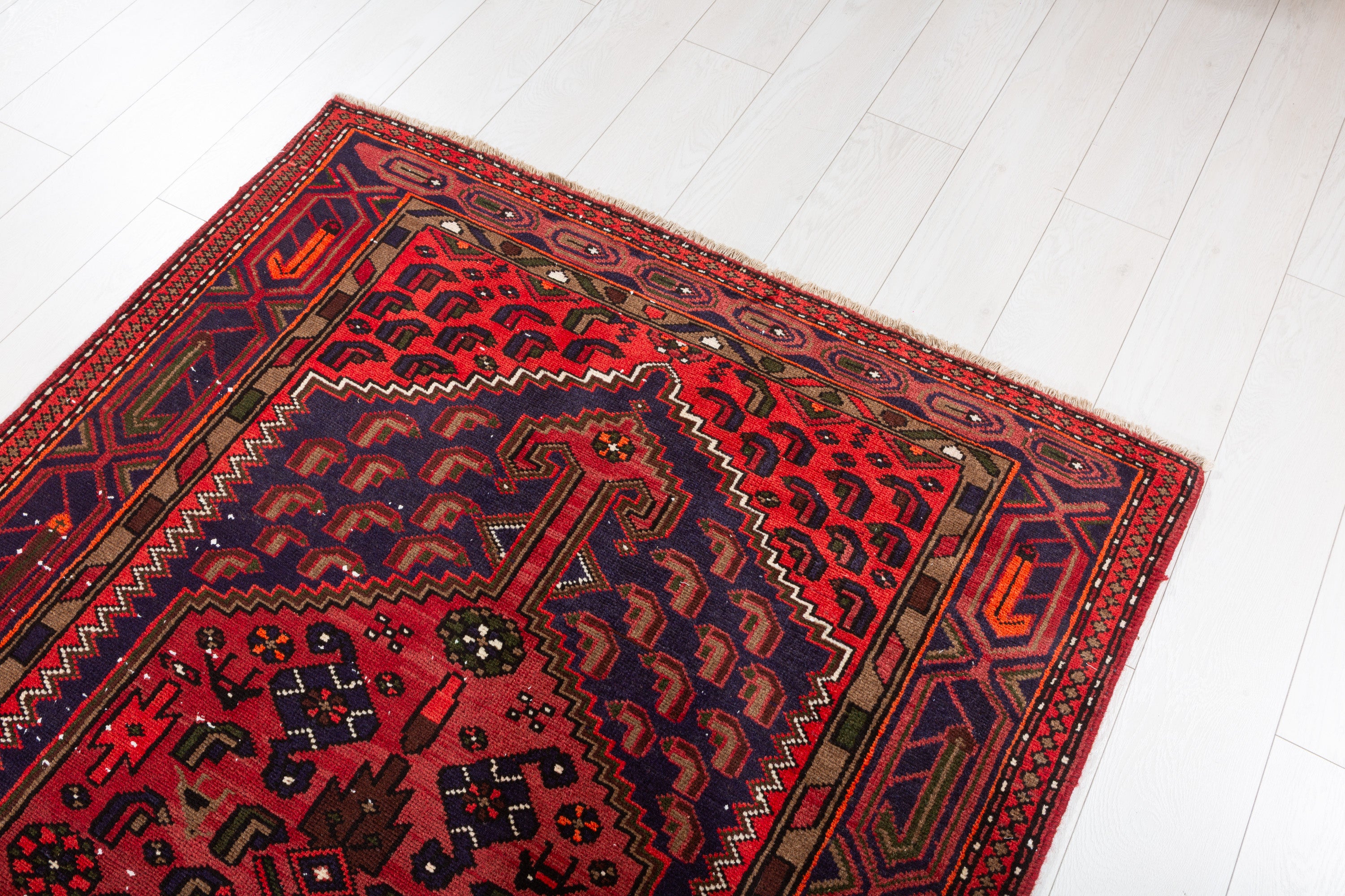 Vintage Rust Red, Navy Blue Allover Geometric Area Rug – 6' 8" x 3' 11" (202 x 119 cm)