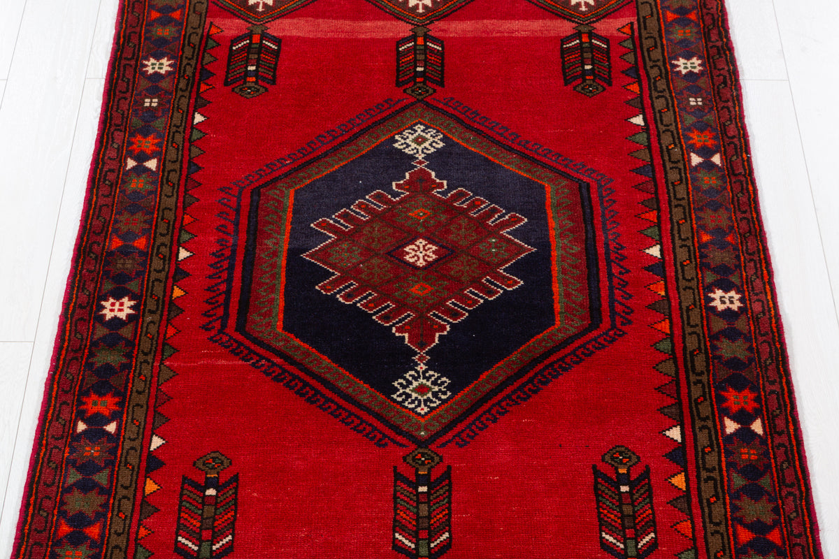 Vintage Red & Navy Blue Geometric Rug – 6' 4" x 3' 10" (192 x 118 cm)