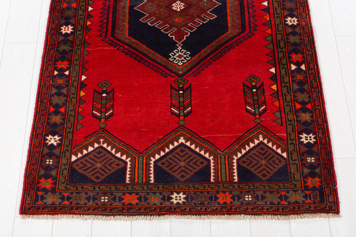 Vintage Red & Navy Blue Geometric Rug – 6' 4" x 3' 10" (192 x 118 cm)
