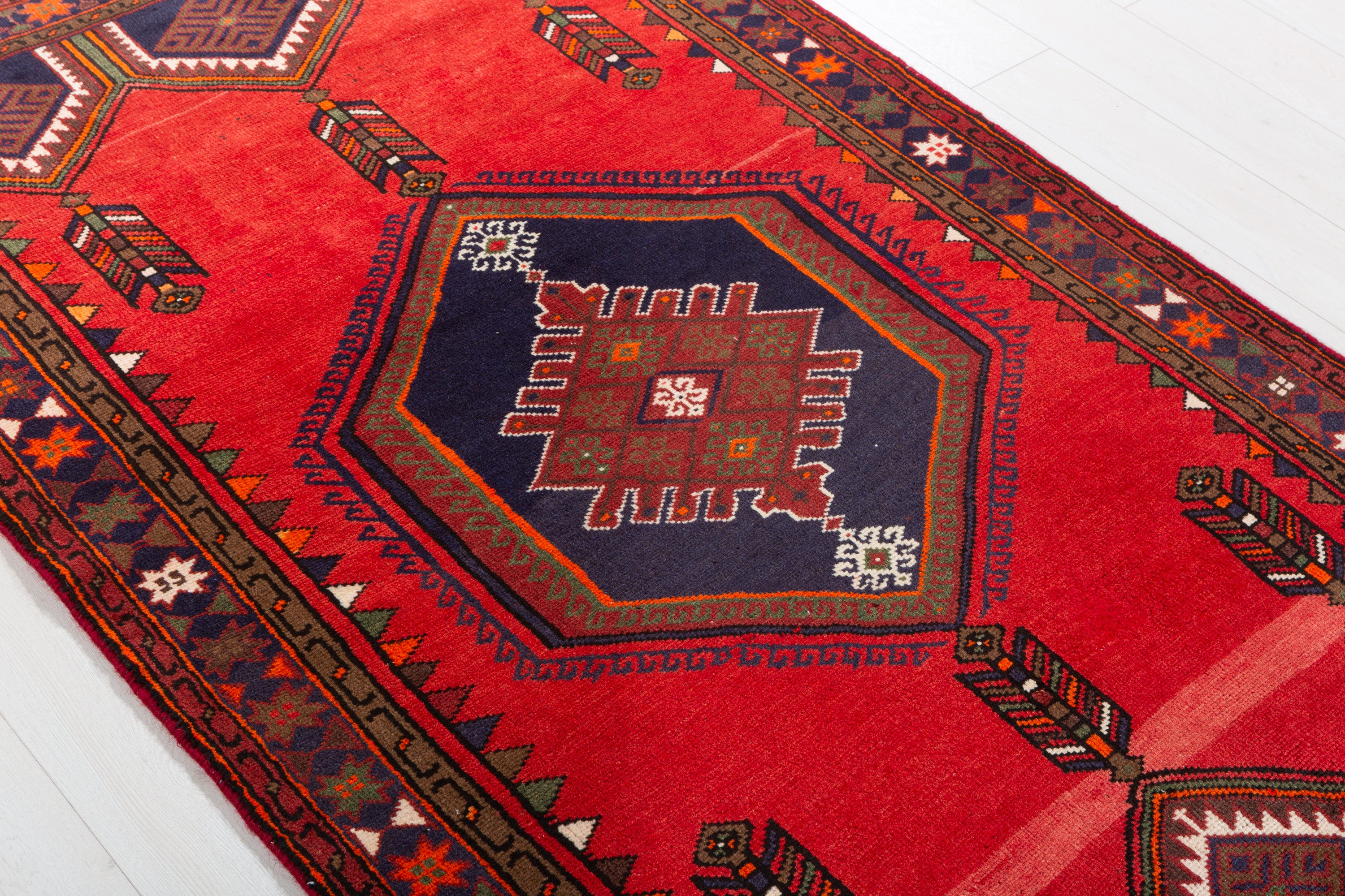 Vintage Red & Navy Blue Geometric Rug – 6' 4" x 3' 10" (192 x 118 cm)