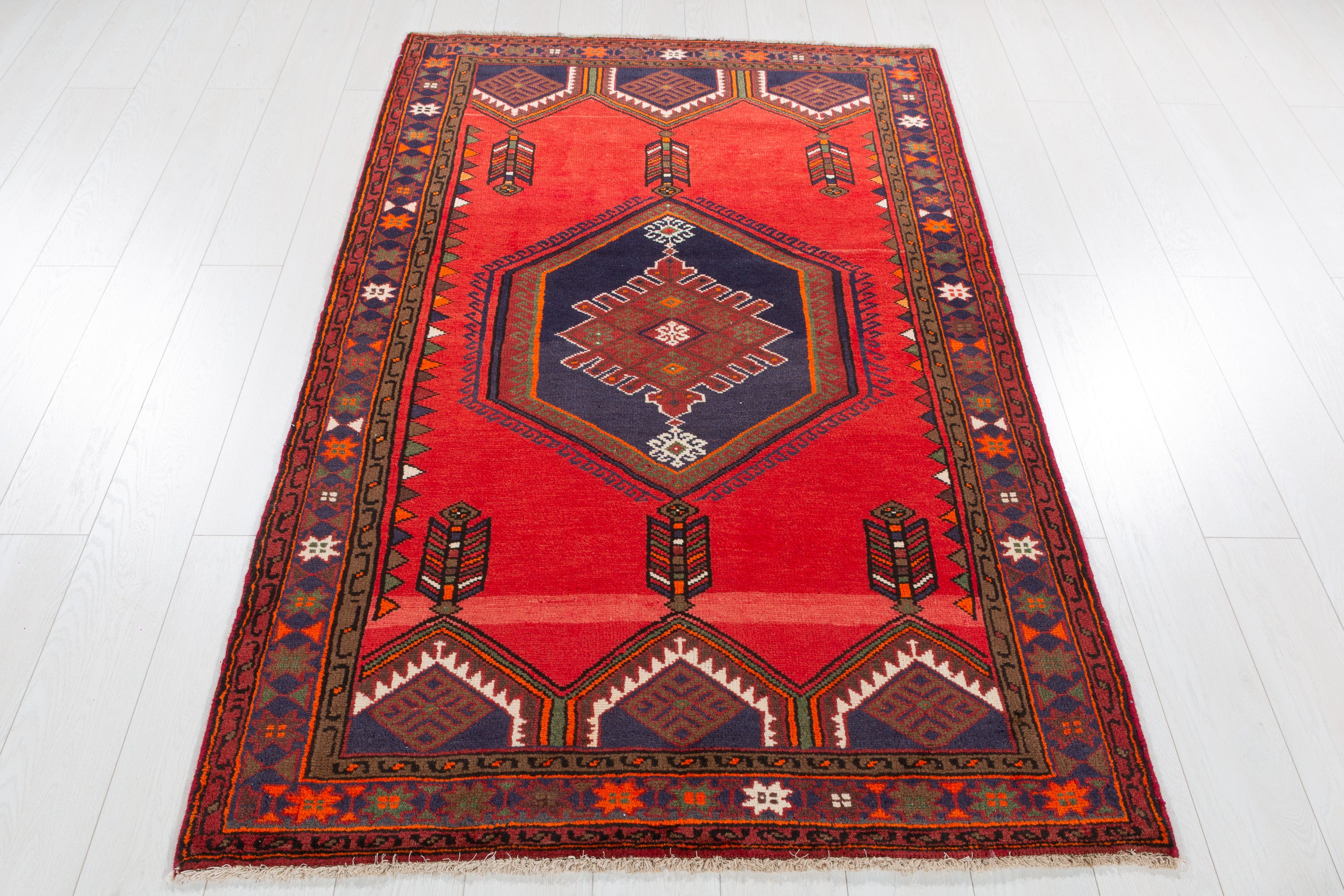 Vintage Red & Navy Blue Geometric Rug – 6' 4" x 3' 10" (192 x 118 cm)