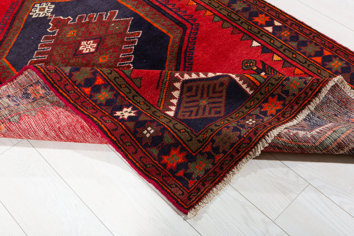 Vintage Red & Navy Blue Geometric Rug – 6' 4" x 3' 10" (192 x 118 cm)