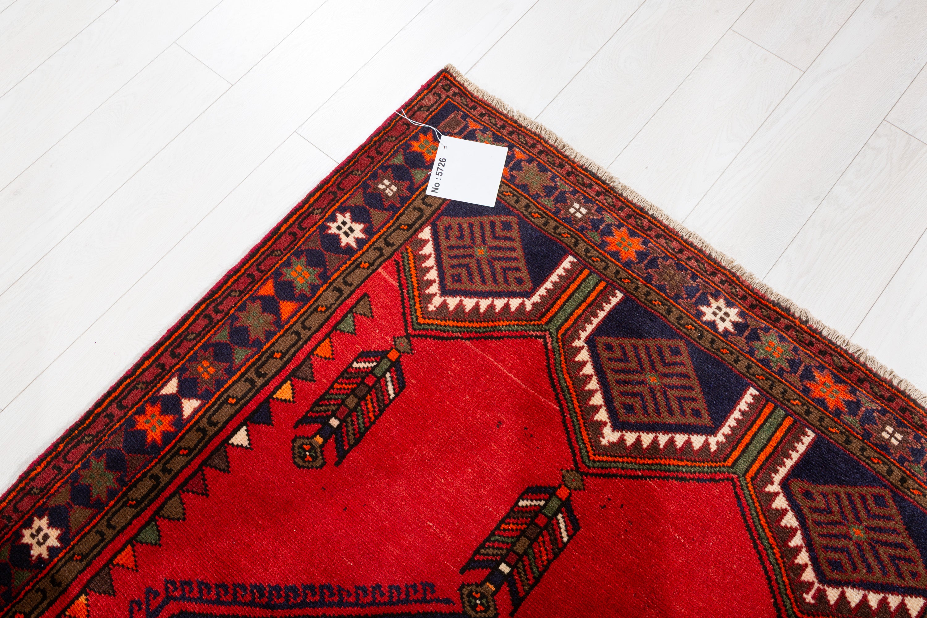 Vintage Red & Navy Blue Geometric Rug – 6' 4" x 3' 10" (192 x 118 cm)