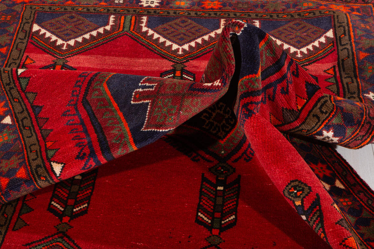 Vintage Red & Navy Blue Geometric Rug – 6' 4" x 3' 10" (192 x 118 cm)