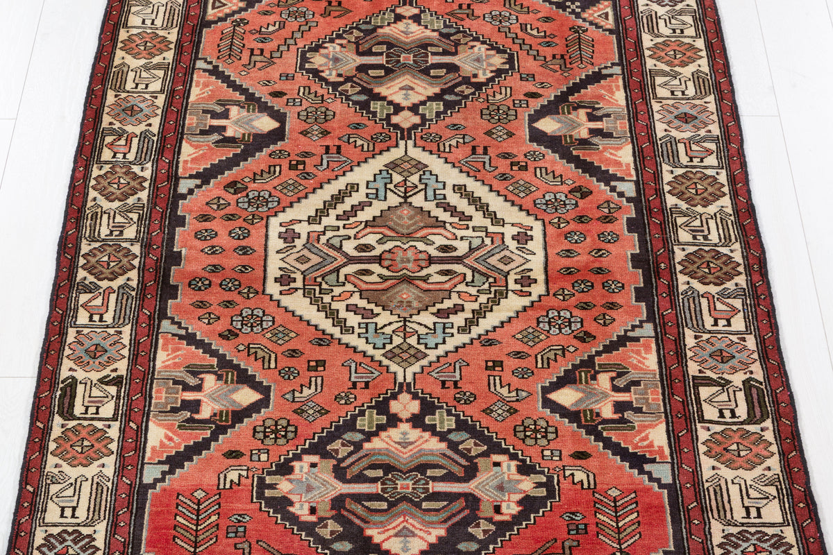 Collectible Vintage Coral Red, Beige Triple Medallion Area Rug – 6' 9" x 4' 1" (206 x 124 cm)