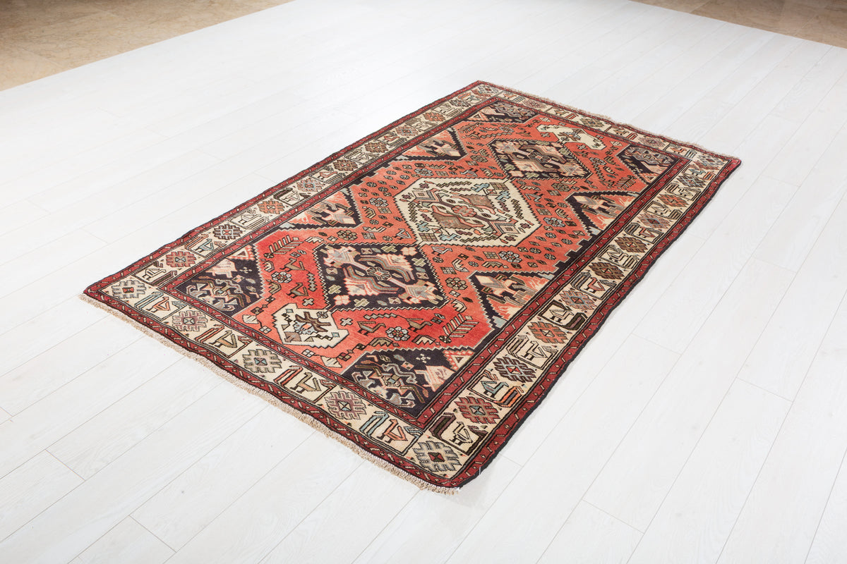 Collectible Vintage Coral Red, Beige Triple Medallion Area Rug – 6' 9" x 4' 1" (206 x 124 cm)