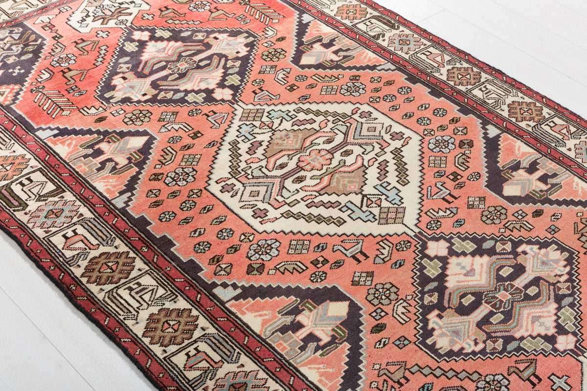 Collectible Vintage Coral Red, Beige Triple Medallion Area Rug – 6' 9" x 4' 1" (206 x 124 cm)
