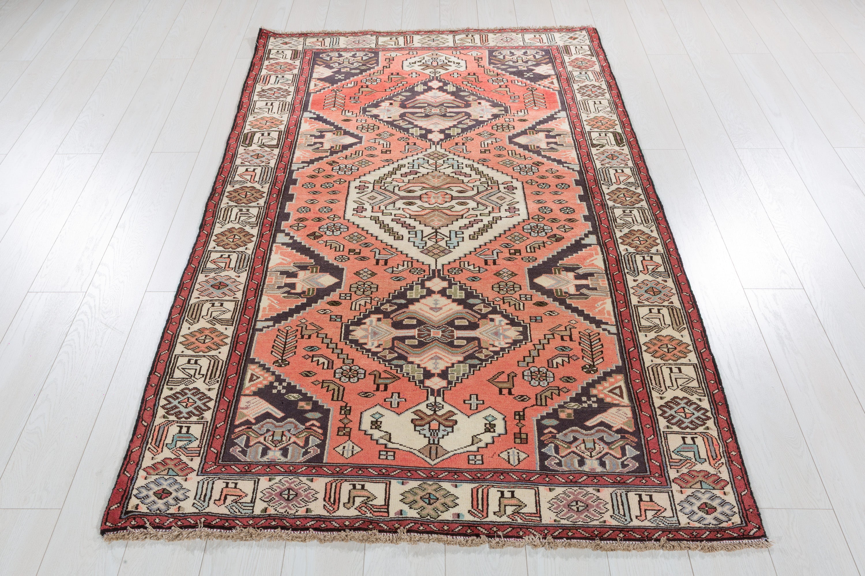 Collectible Vintage Coral Red, Beige Triple Medallion Area Rug – 6' 9" x 4' 1" (206 x 124 cm)