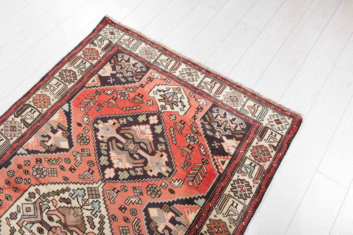 Collectible Vintage Coral Red, Beige Triple Medallion Area Rug – 6' 9" x 4' 1" (206 x 124 cm)