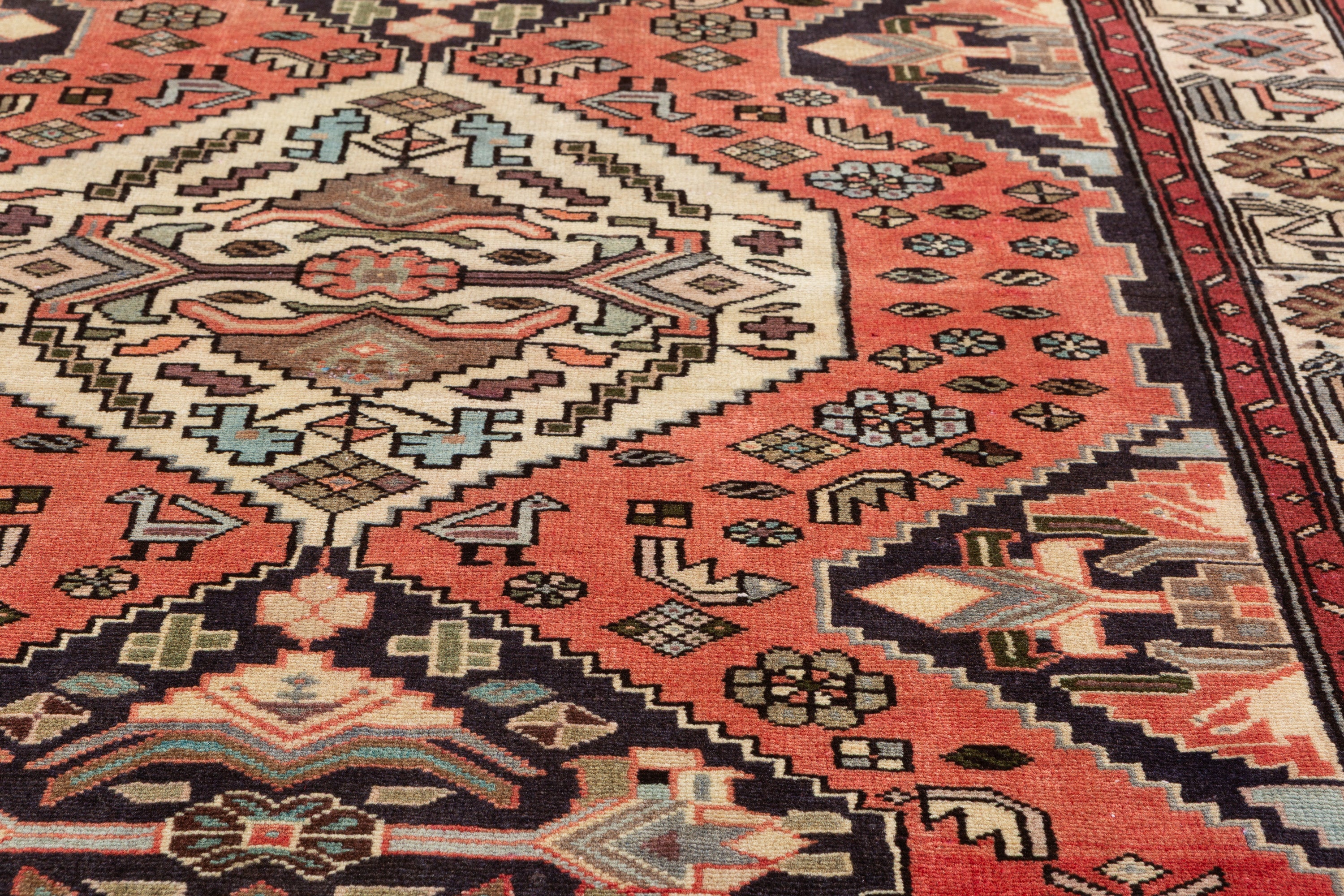 Collectible Vintage Coral Red, Beige Triple Medallion Area Rug – 6' 9" x 4' 1" (206 x 124 cm)