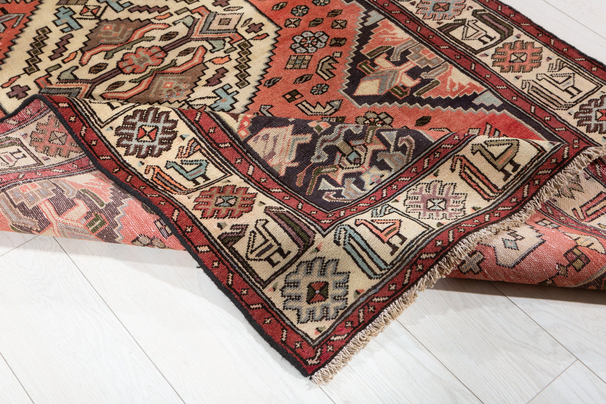Collectible Vintage Coral Red, Beige Triple Medallion Area Rug – 6' 9" x 4' 1" (206 x 124 cm)