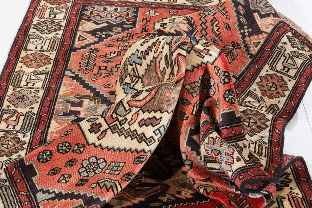 Collectible Vintage Coral Red, Beige Triple Medallion Area Rug – 6' 9" x 4' 1" (206 x 124 cm)