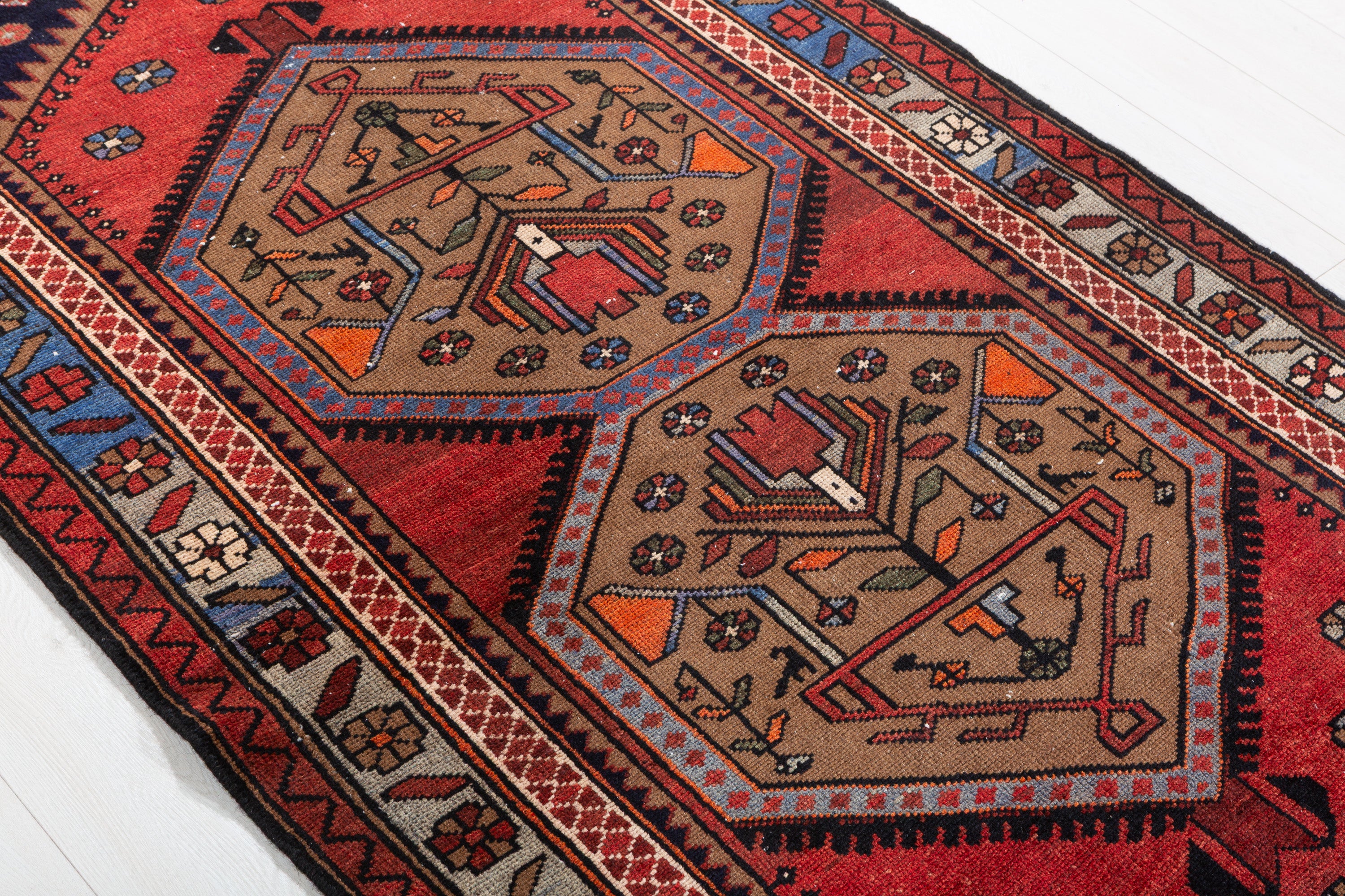 Collectible Vintage Brown, Blue Double Medallion Area Rug – 6' 6" x 3' 8" (198 x 112 cm)
