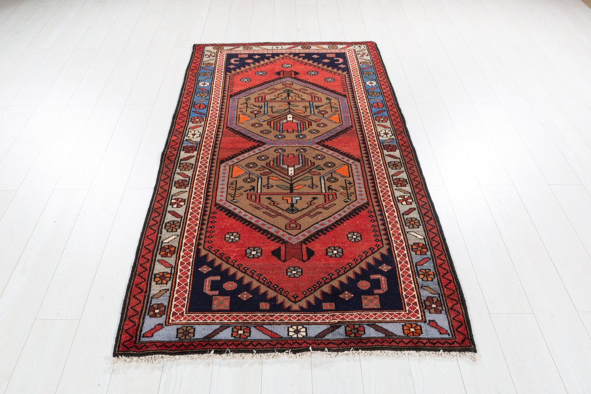 Collectible Vintage Brown, Blue Double Medallion Area Rug – 6' 6" x 3' 8" (198 x 112 cm)