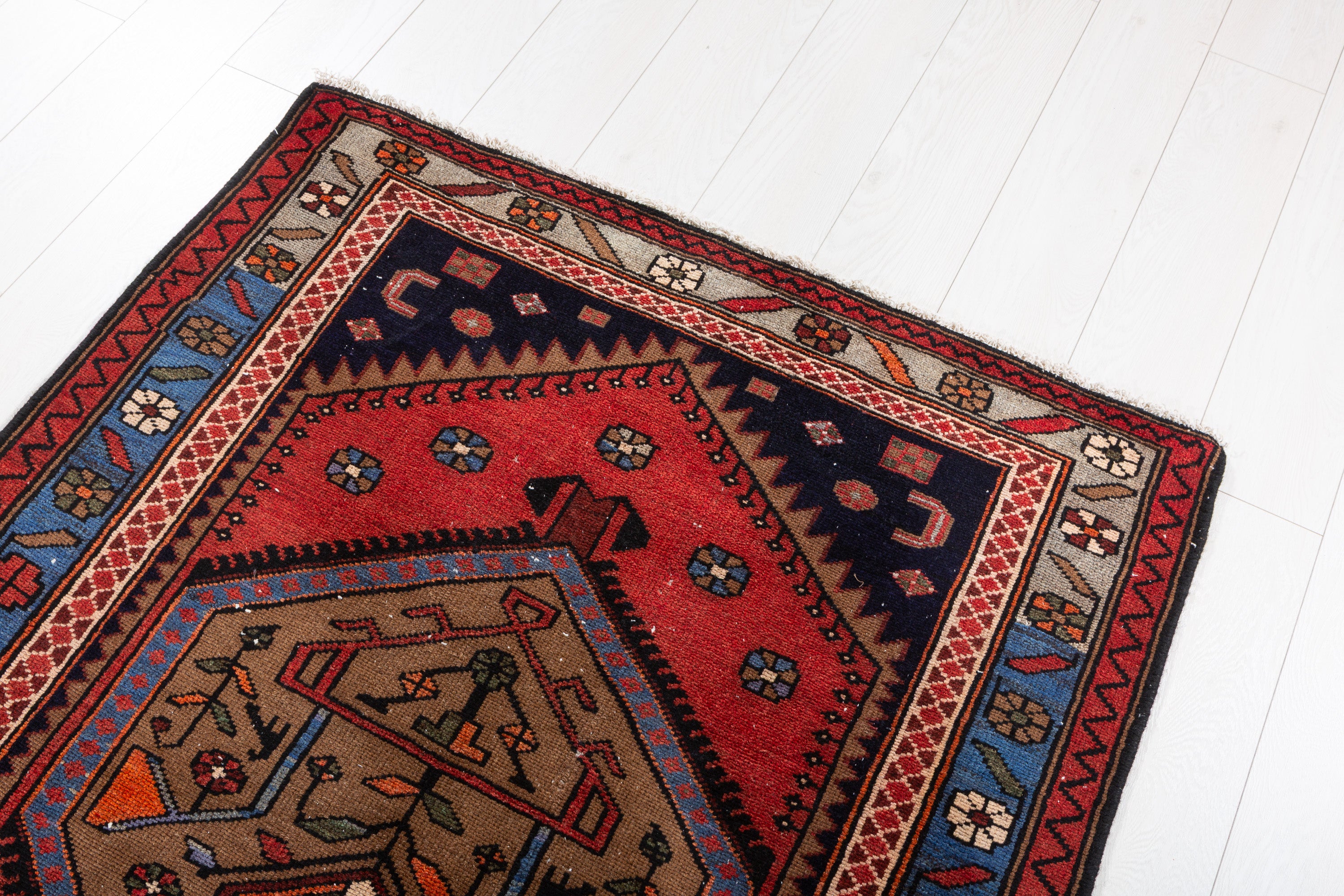 Collectible Vintage Brown, Blue Double Medallion Area Rug – 6' 6" x 3' 8" (198 x 112 cm)