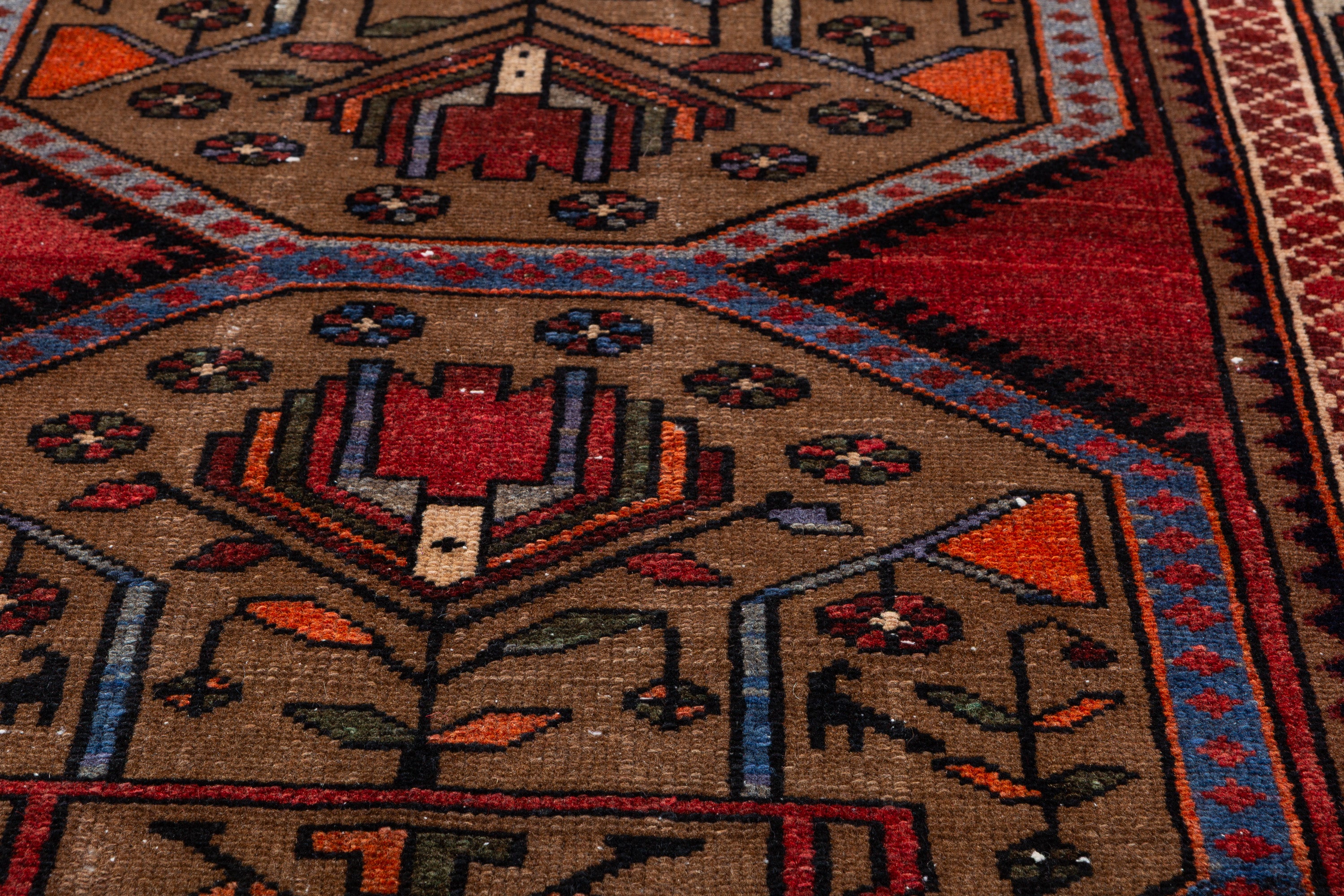 Collectible Vintage Brown, Blue Double Medallion Area Rug – 6' 6" x 3' 8" (198 x 112 cm)