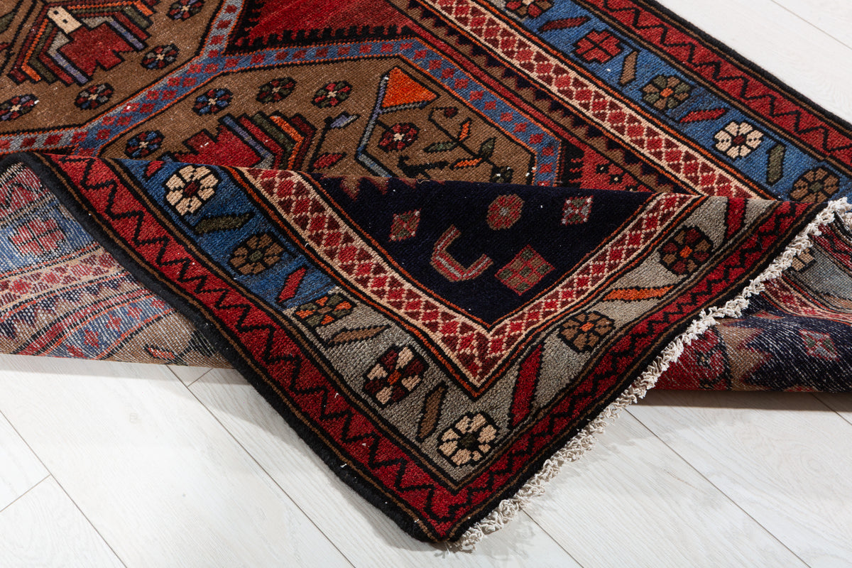 Collectible Vintage Brown, Blue Double Medallion Area Rug – 6' 6" x 3' 8" (198 x 112 cm)