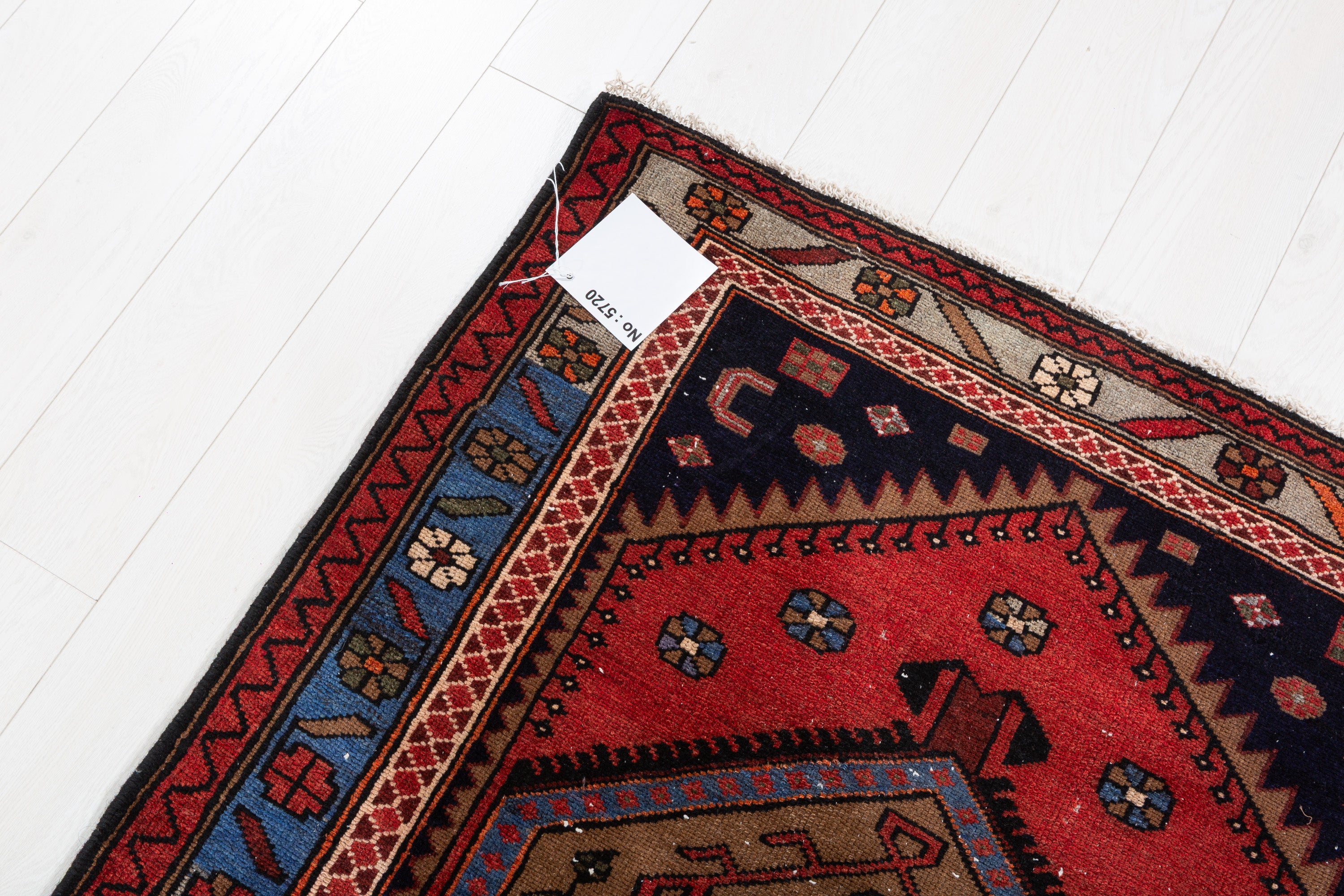 Collectible Vintage Brown, Blue Double Medallion Area Rug – 6' 6" x 3' 8" (198 x 112 cm)