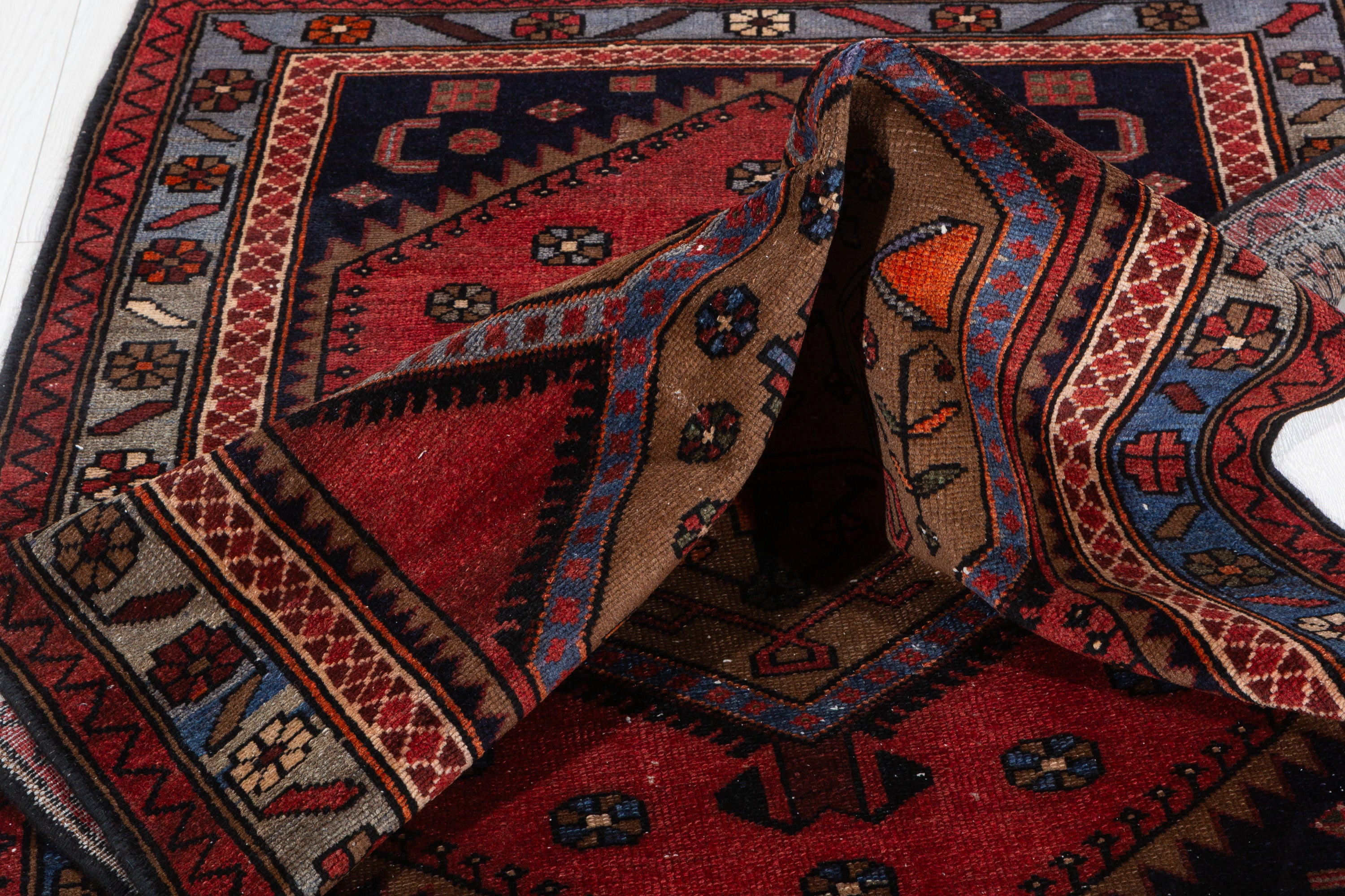 Collectible Vintage Brown, Blue Double Medallion Area Rug – 6' 6" x 3' 8" (198 x 112 cm)