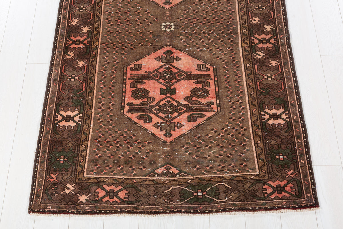 Collectible Vintage Brown, Pink Double Medallion Area Rug – 6' 7" x 3' 11" (201 x 120 cm)