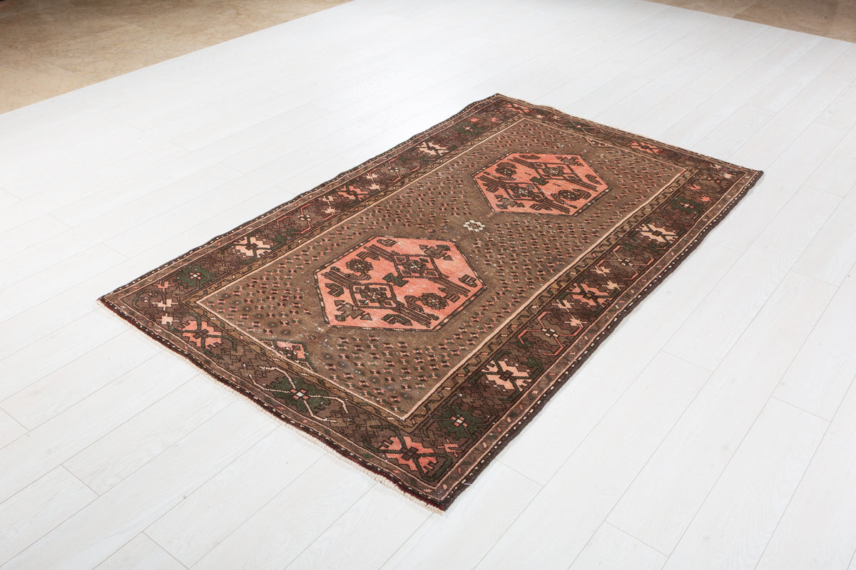 Collectible Vintage Brown, Pink Double Medallion Area Rug – 6' 7" x 3' 11" (201 x 120 cm)