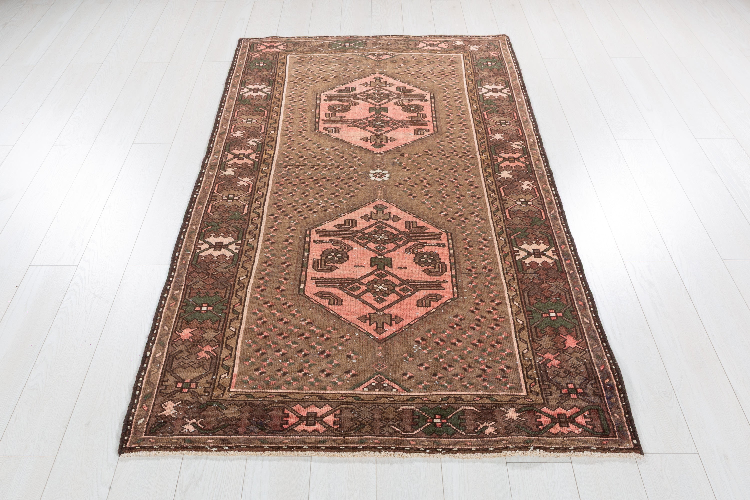 Collectible Vintage Brown, Pink Double Medallion Area Rug – 6' 7" x 3' 11" (201 x 120 cm)