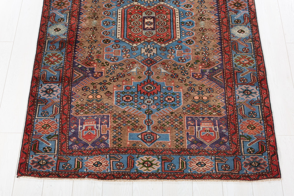 Collectible Vintage Brown, Turquoise Blue Geometric Medallion Area Rug – 6' 5" x 4' 4" (196 x 131 cm)